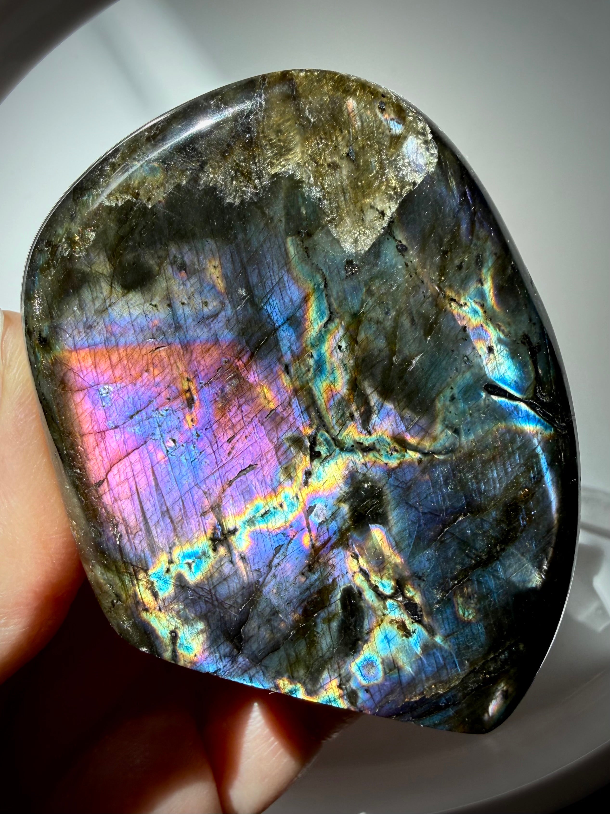 Multicolor Labradorite crystal with brilliant pink, purple, blue, green and orange labradorescence
