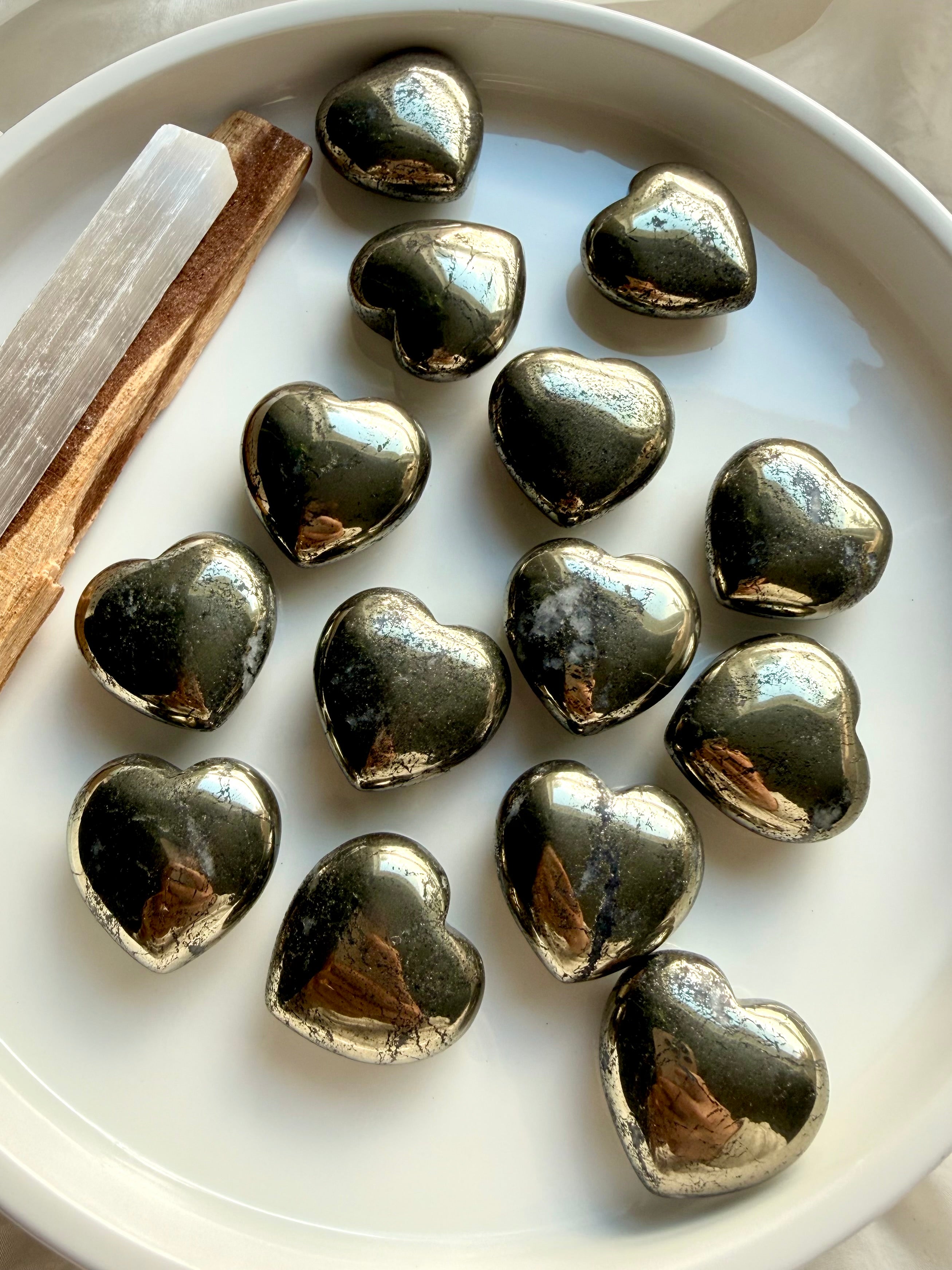 Polished Pyrite heart gemstone, grounding and protective crystal for manifestation and empowered intention