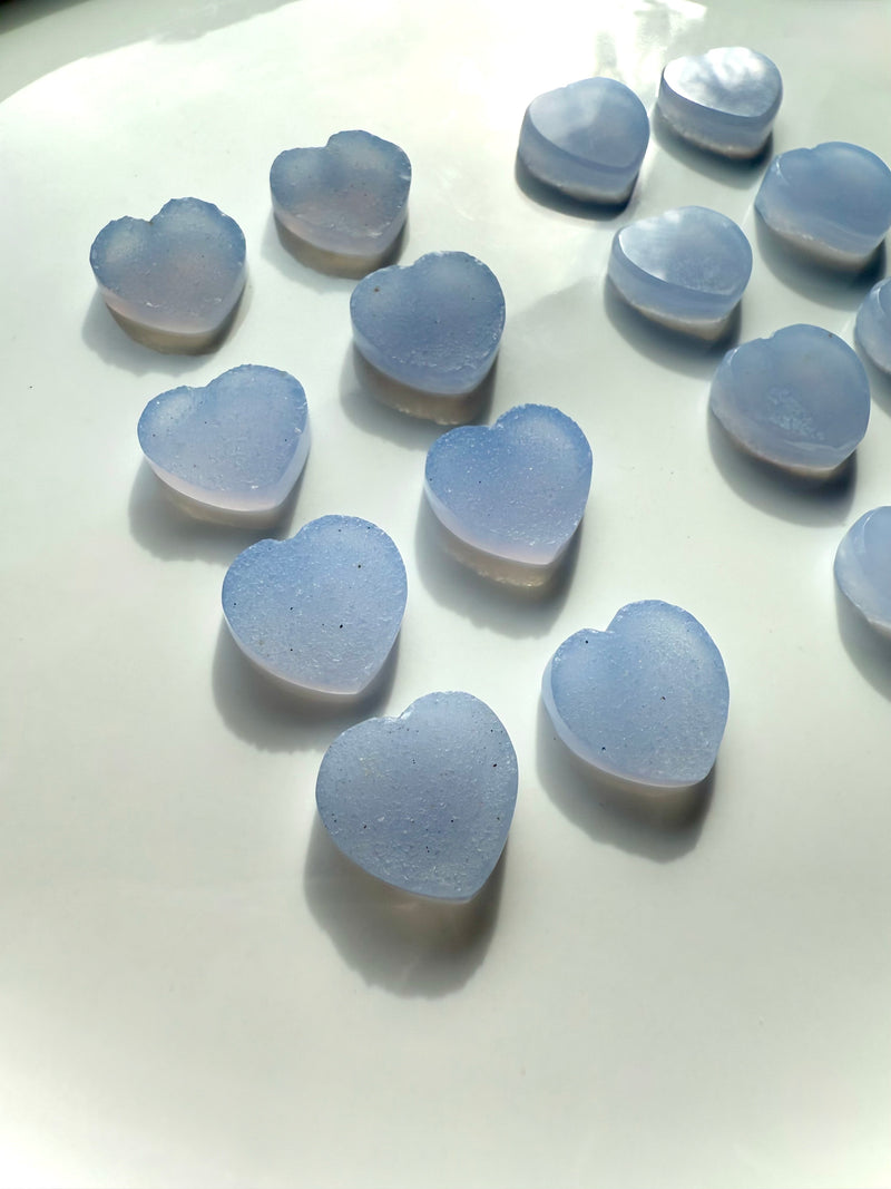 These mini Blue Chalcedony Heart cabochons are a pretty periwinkle blue