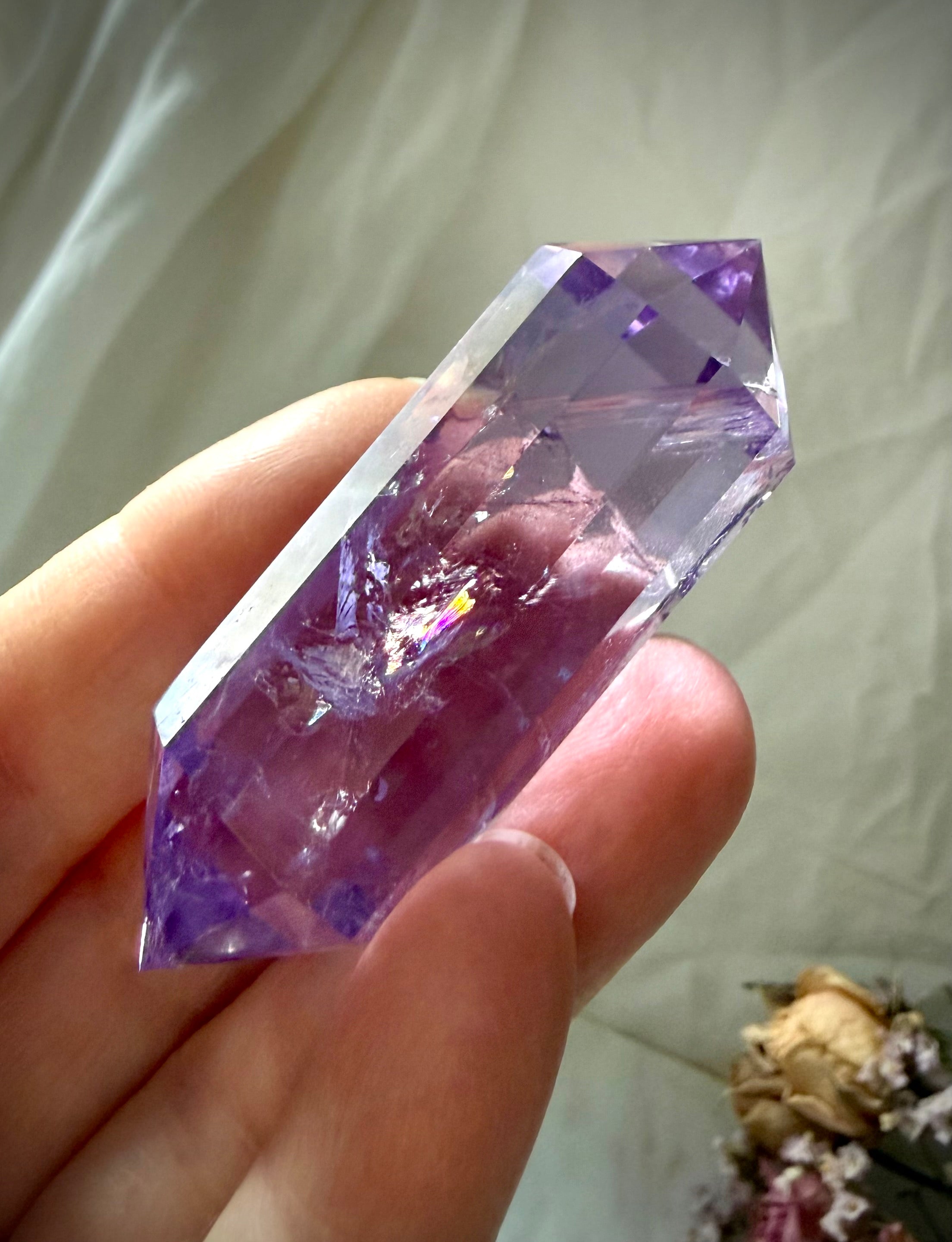 12-sided double terminated Amethyst Vogel crystal point with remarkable clarity and depth