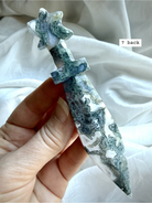 Reverse side of Moss Agate ritual knife carving with natural forest-like inclusions and glossy finish