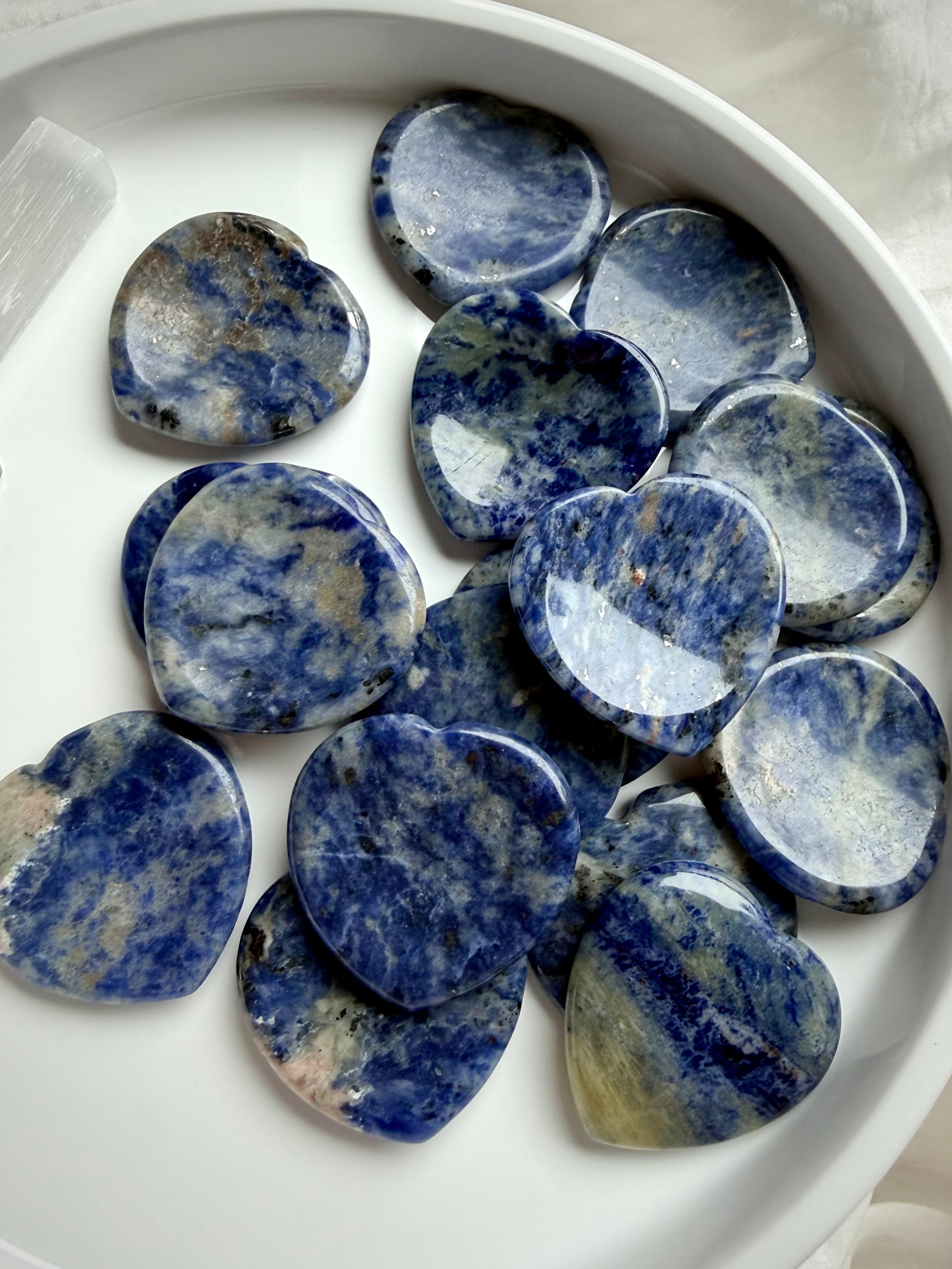 Blue sodalite heart worry stones – pocket crystal touchstones for calm and clear communication
