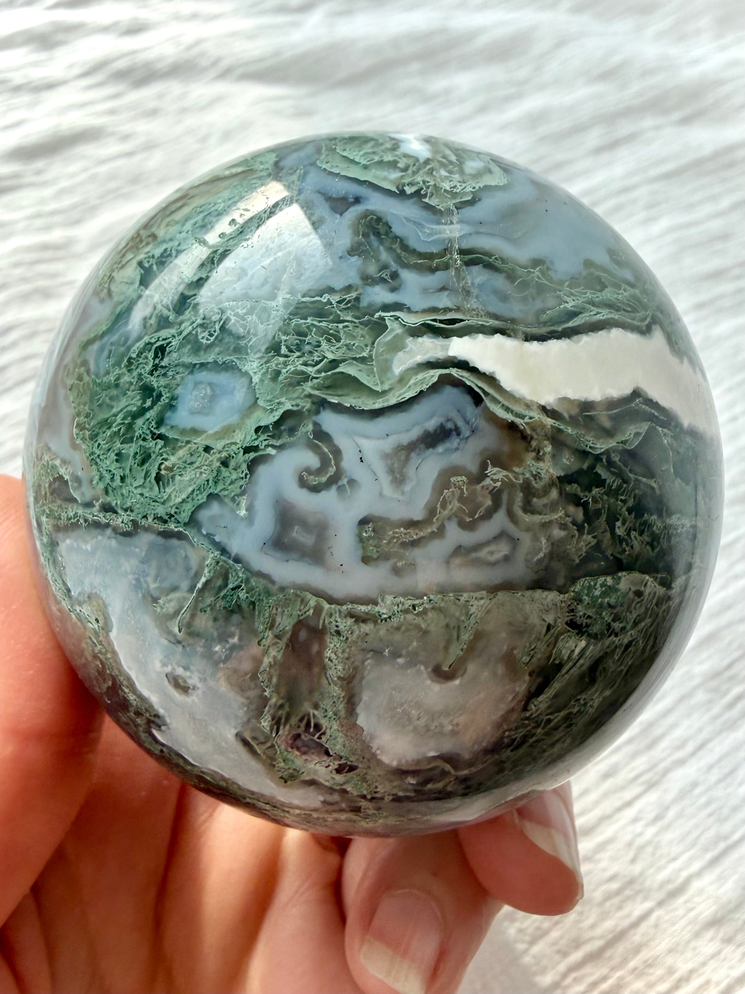 One-of-a-kind Moss Agate crystal sphere with dendritic patterns, Quartz and chalcedony banding