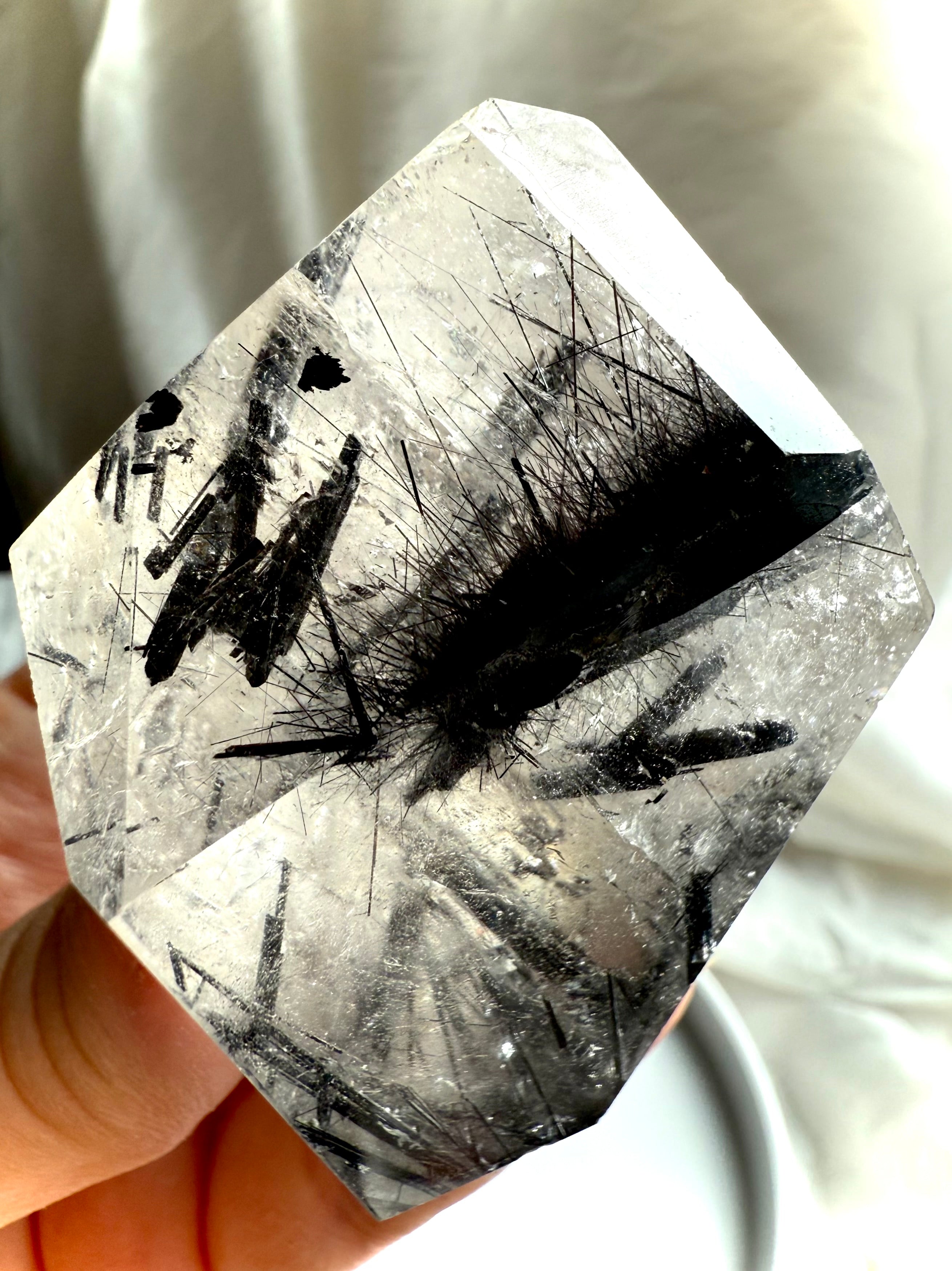Close-up Black Tourmaline in Quartz crystal highlighting protective tourmaline inclusions