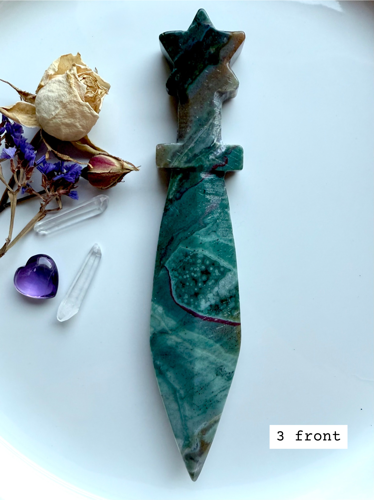 Ocean Jasper star knife # 3 front – hand-carved crystal athame with star handle, green and cream jasper blade
