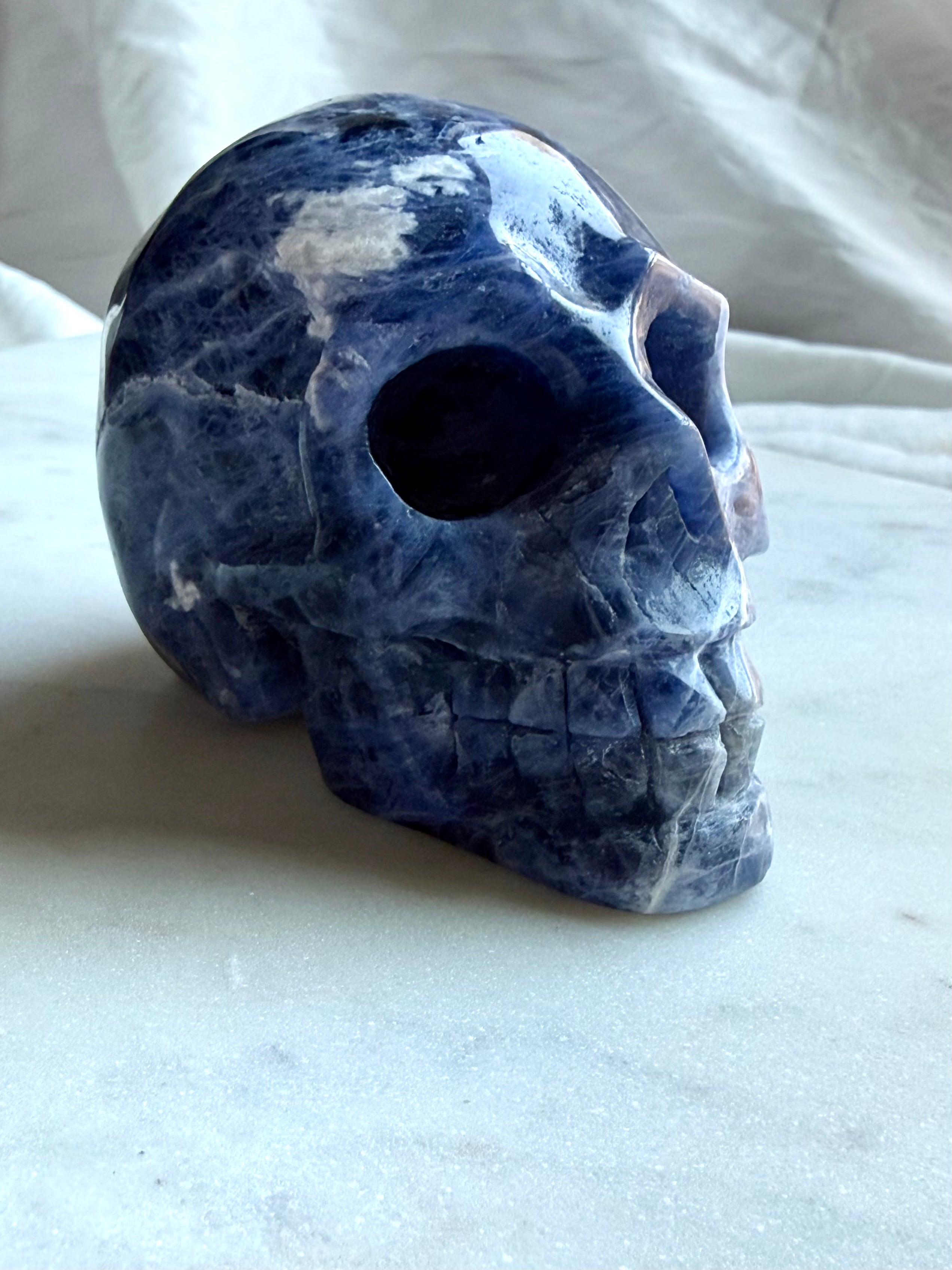 Sodalite skull carving for meditation, intuition, Third Eye Chakra, and spiritual practice
