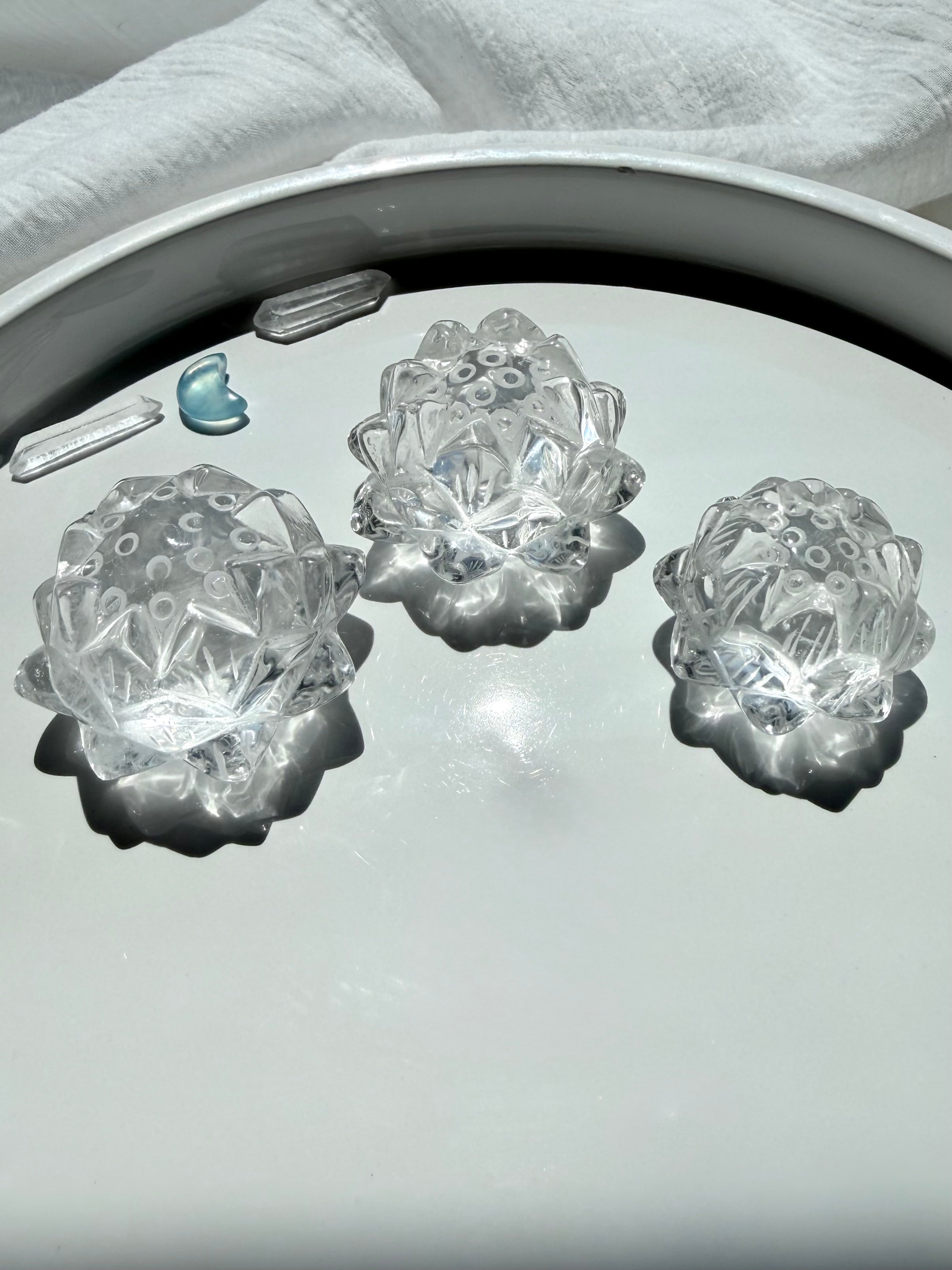 Clear Quartz crystal lotus flower carvings for healing, clarity, spiritual growth and Crown Chakra meditation