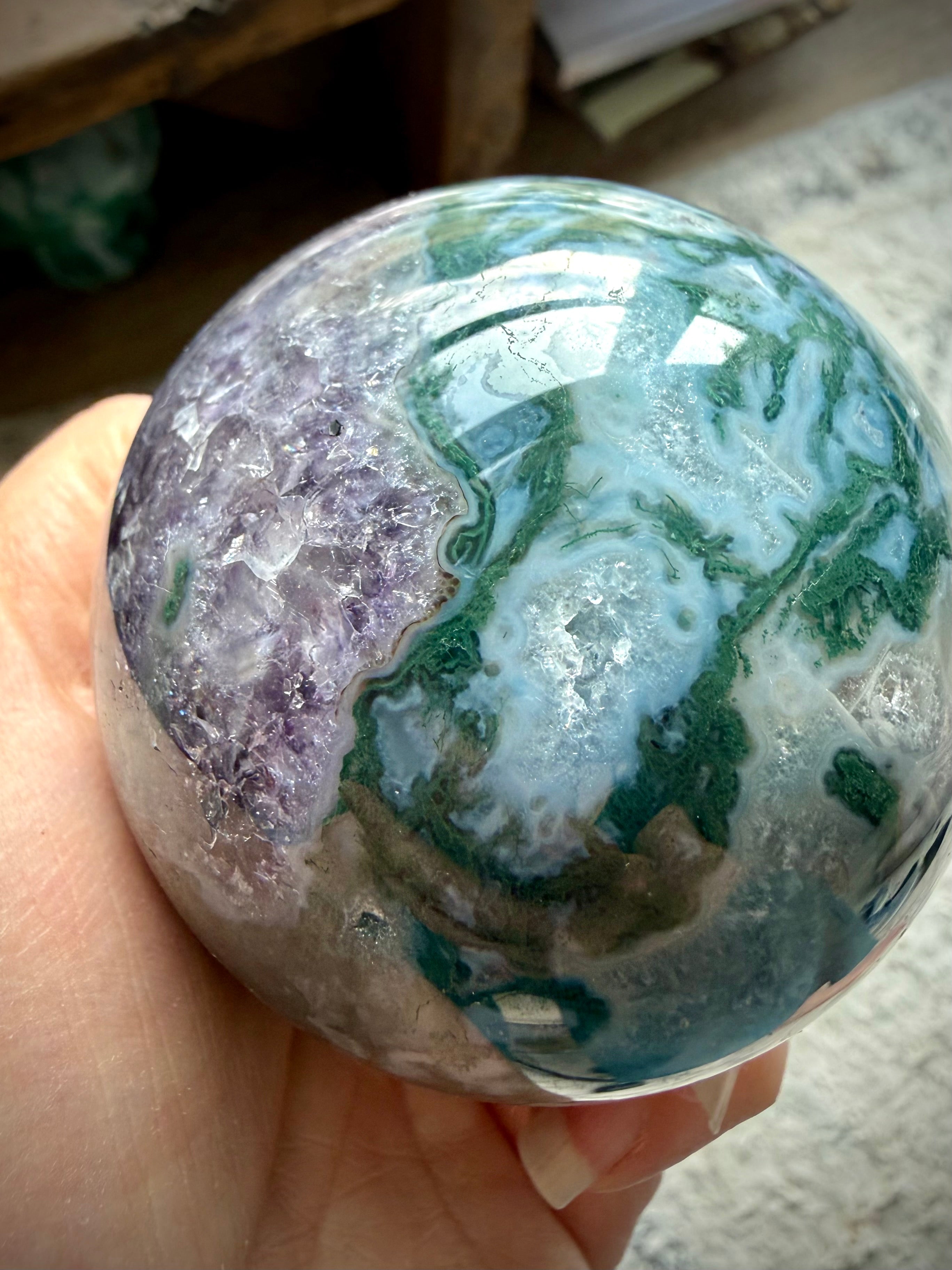 Rare Moss Agate crystal ball with Amethyst inclusions, druzy sparkle, and unique garden-like formations