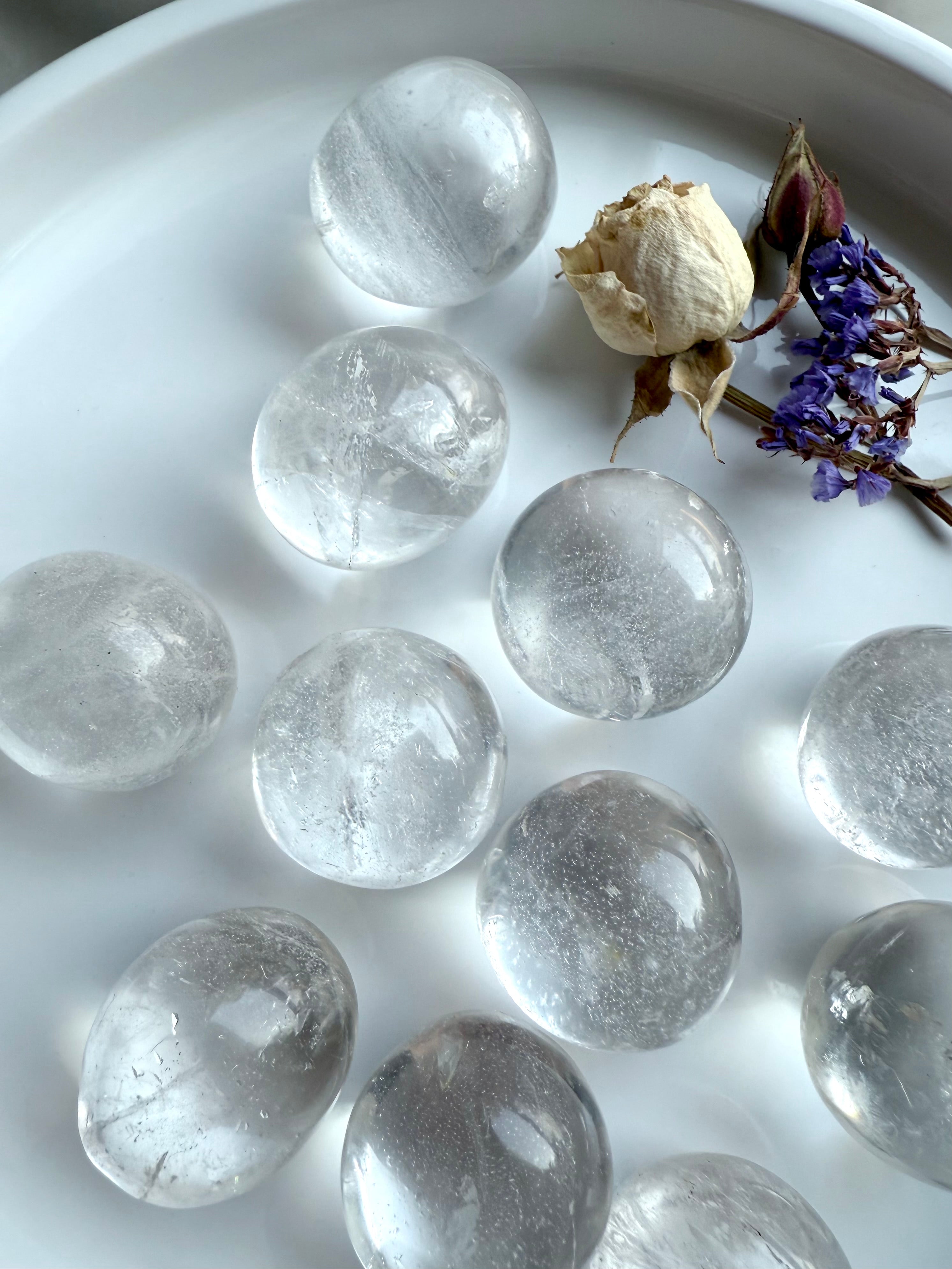 Overhead shot of Clear Quartz tumbled stones arranged with dried flowers — healing crystals for meditation, focus, and spiritual alignment
