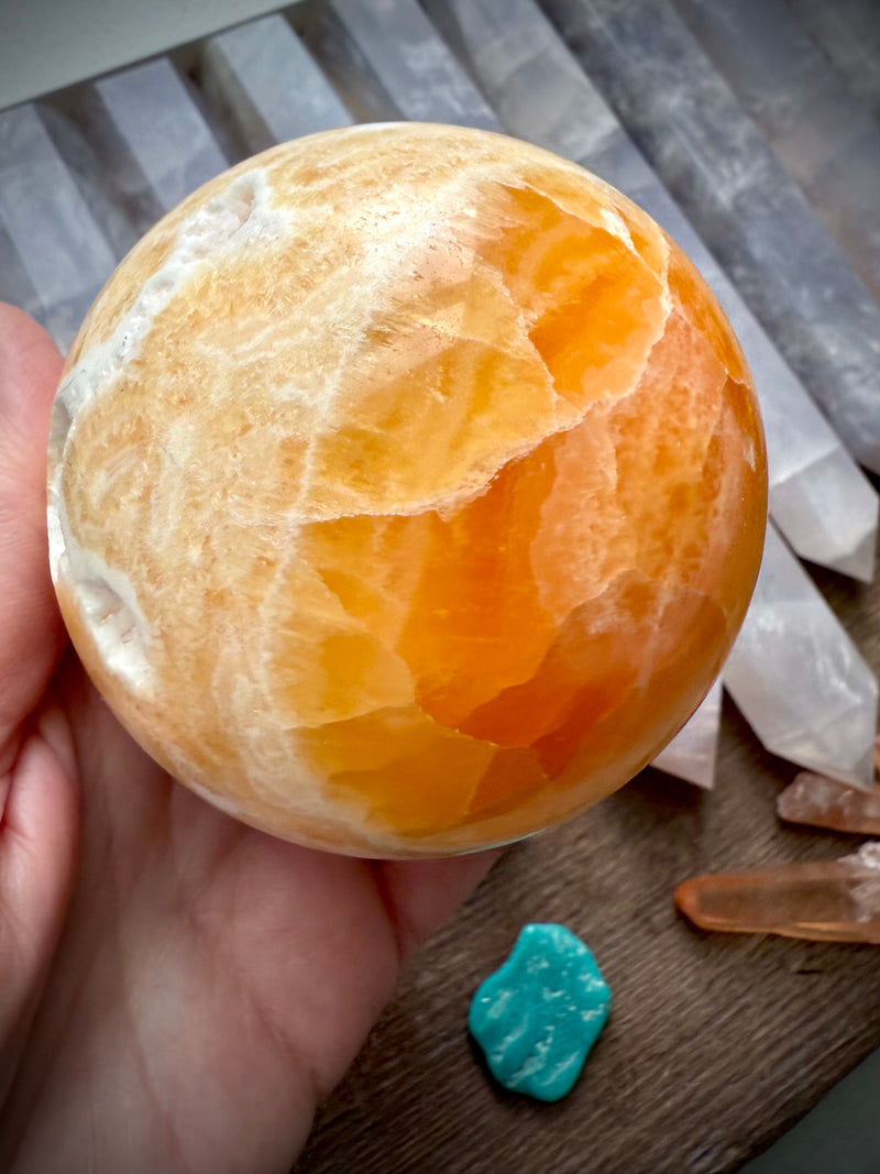 Druzy Orange Calcite Sphere with Stand