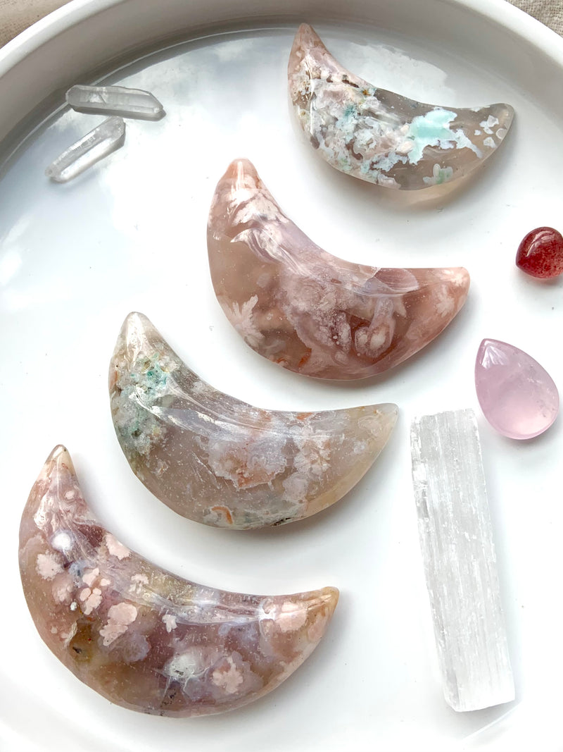 Choose your favorite hand shaped, chunky Flower Agate Crescent Moon!