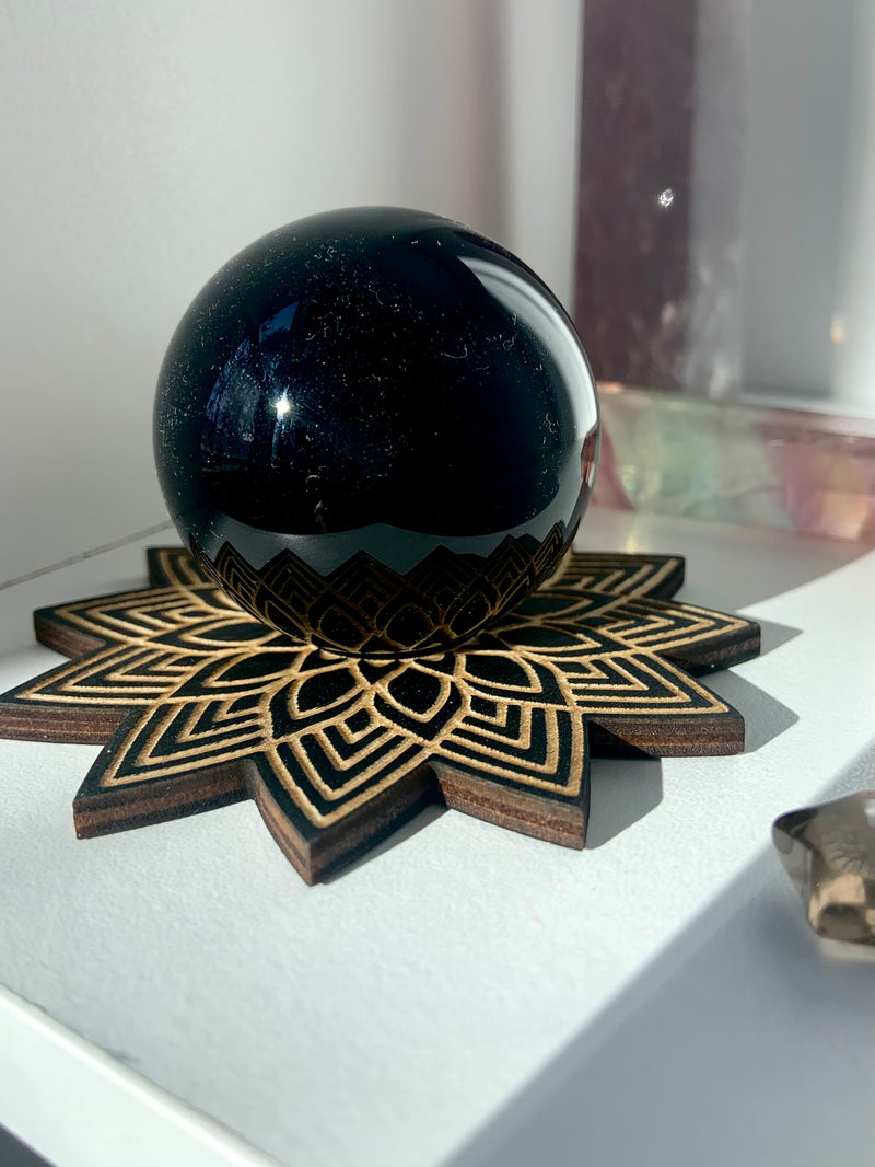 Wood Mandala Sphere Stand + Crystal Holder