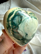 High-grade Ocean Jasper heart featuring rich green orbicular patterns and shimmering druzy — one of a kind heart stone for emotional healing and balance.