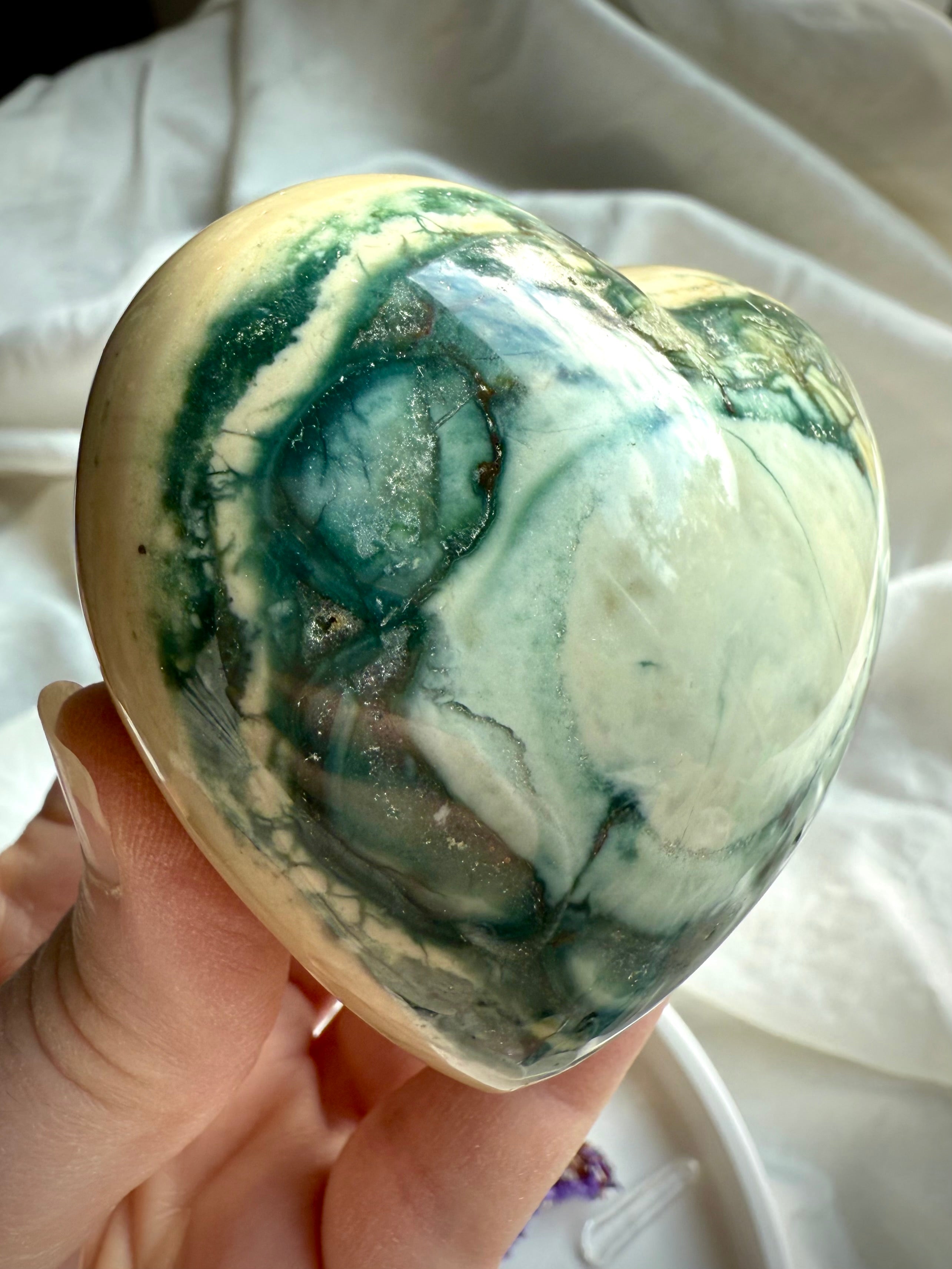 High-grade Ocean Jasper heart featuring rich green orbicular patterns and shimmering druzy — one of a kind heart stone for emotional healing and balance.