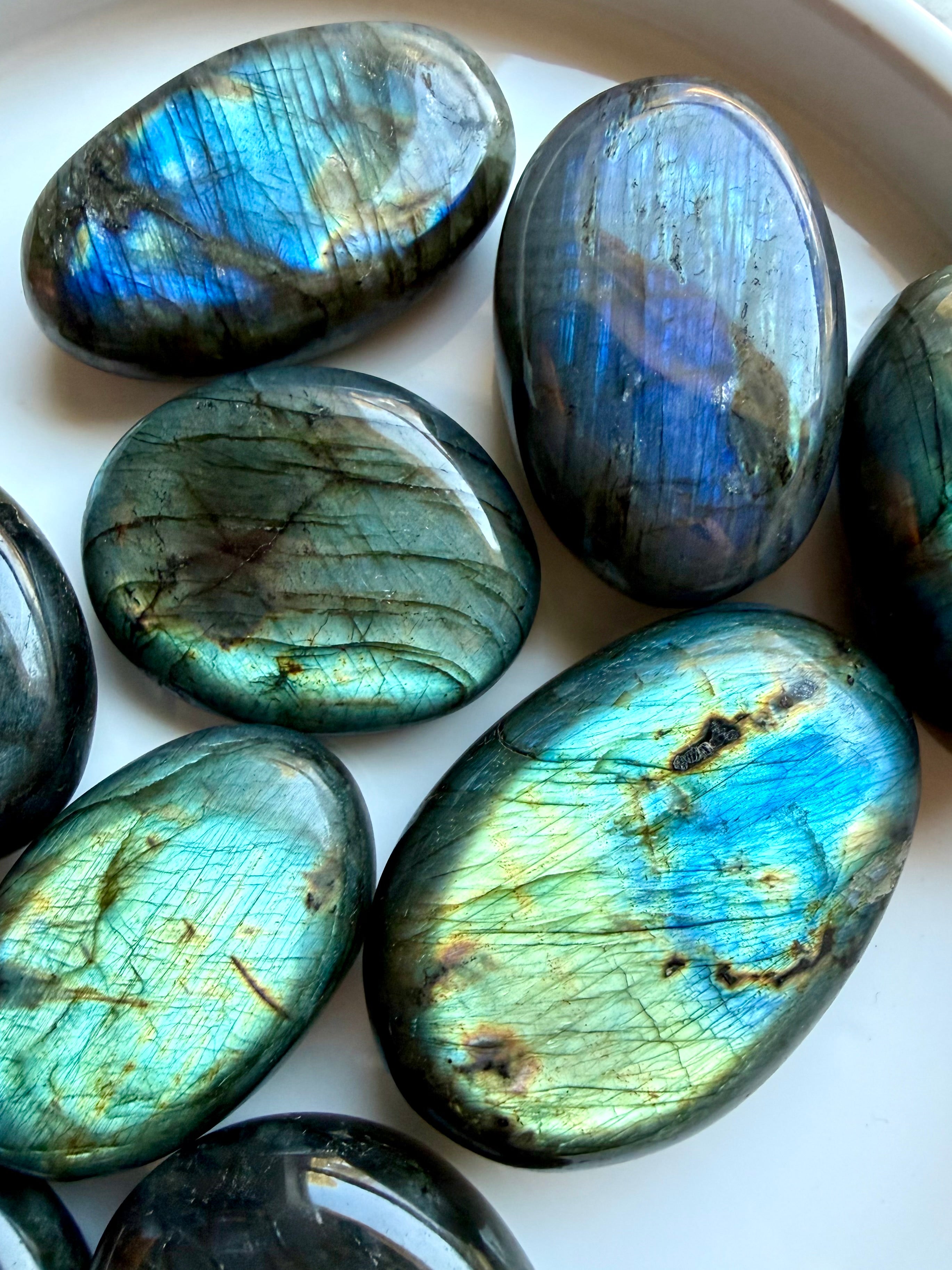 Flashy Labradorite palm stones with vibrant blue, teal and green flash for intuition, protection and Third Eye Chakra
