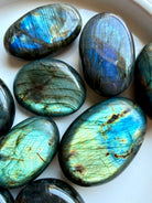 Flashy Labradorite palm stones with vibrant blue, teal and green flash for intuition, protection and Third Eye Chakra