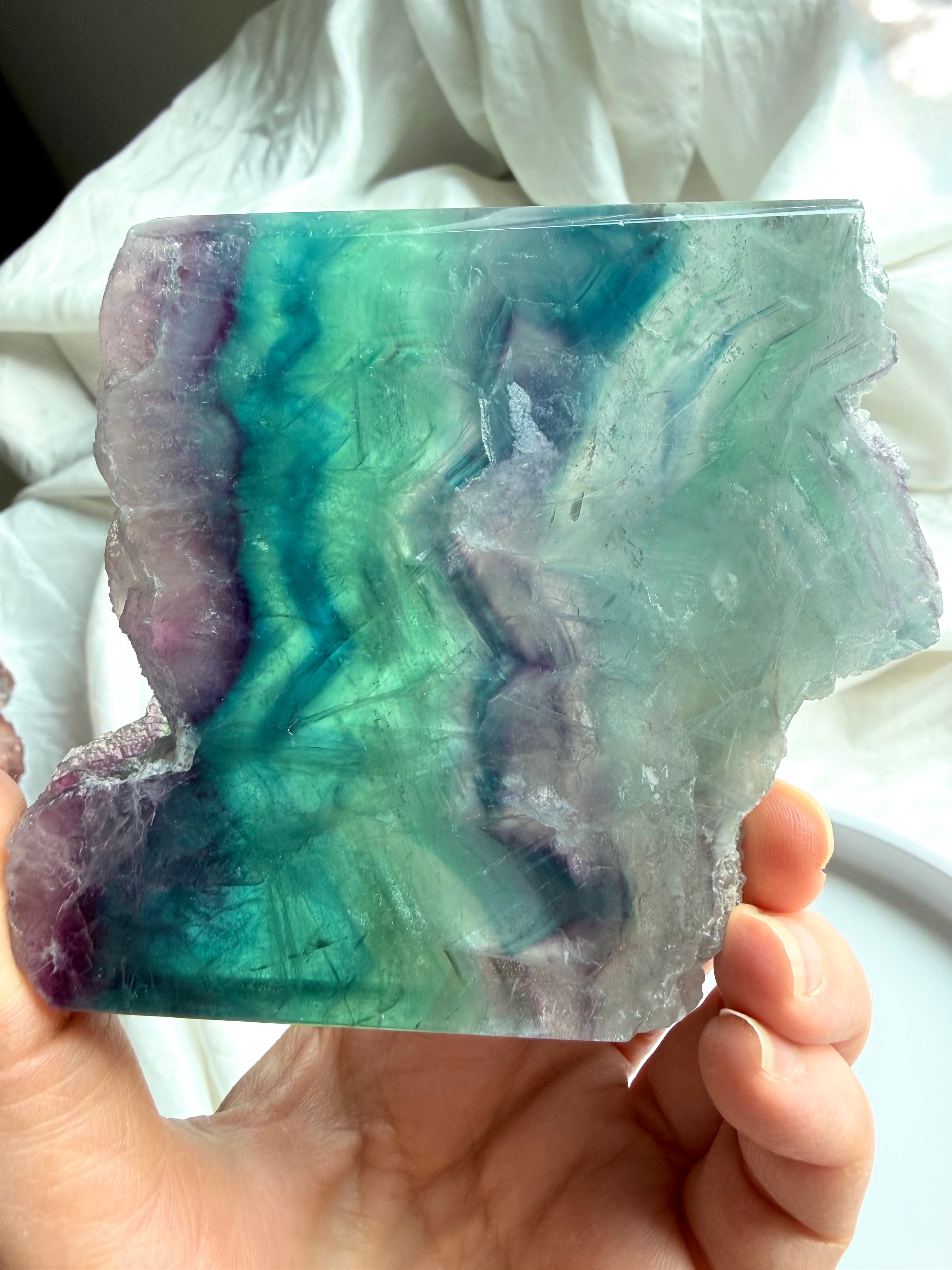One of a kind rainbow fluorite slab with green and purple banding – crystal for clarity, focus + energy balance
