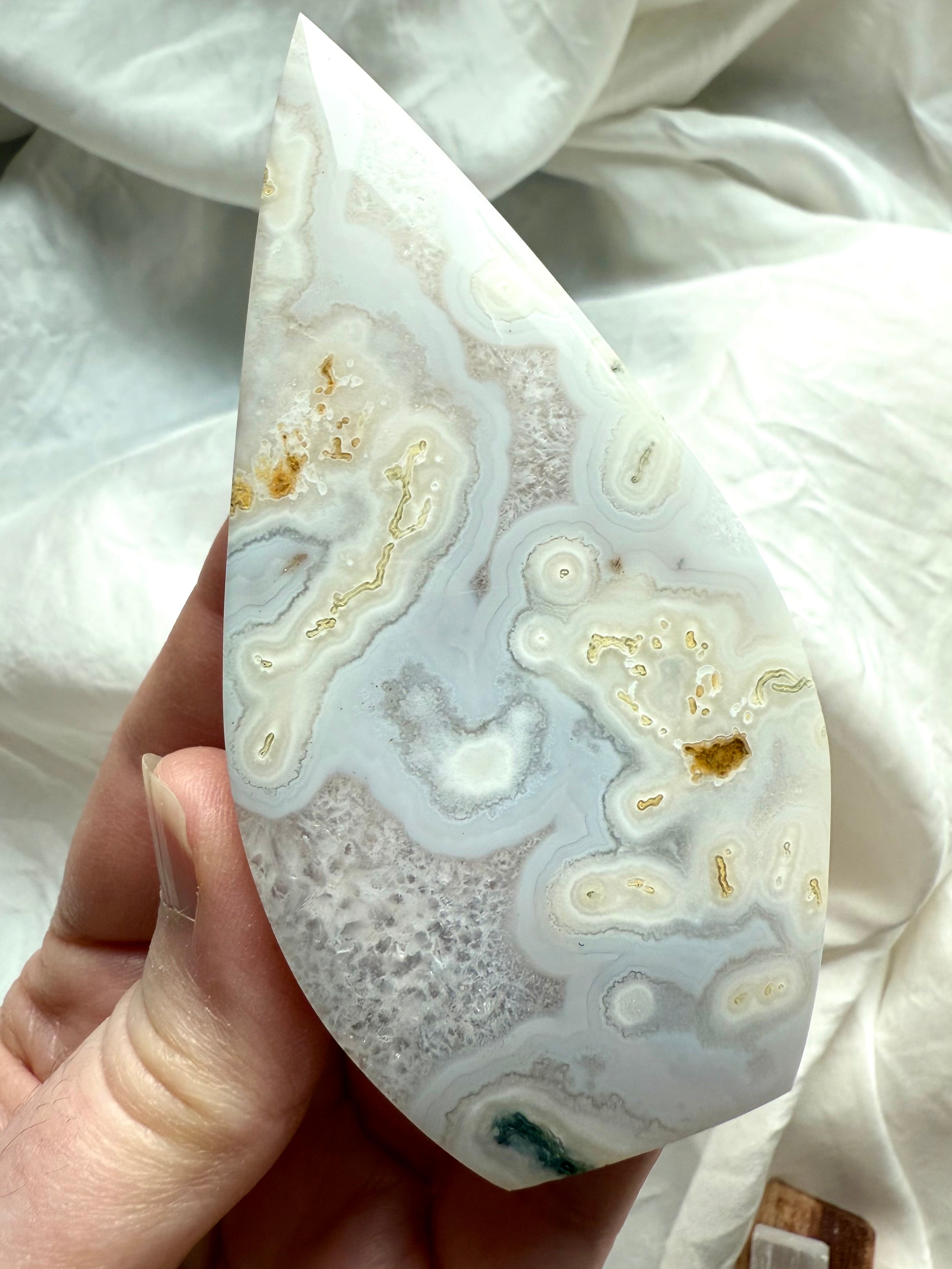 Moss Agate flame crystal with rare orbicular patterning and luminous quartz