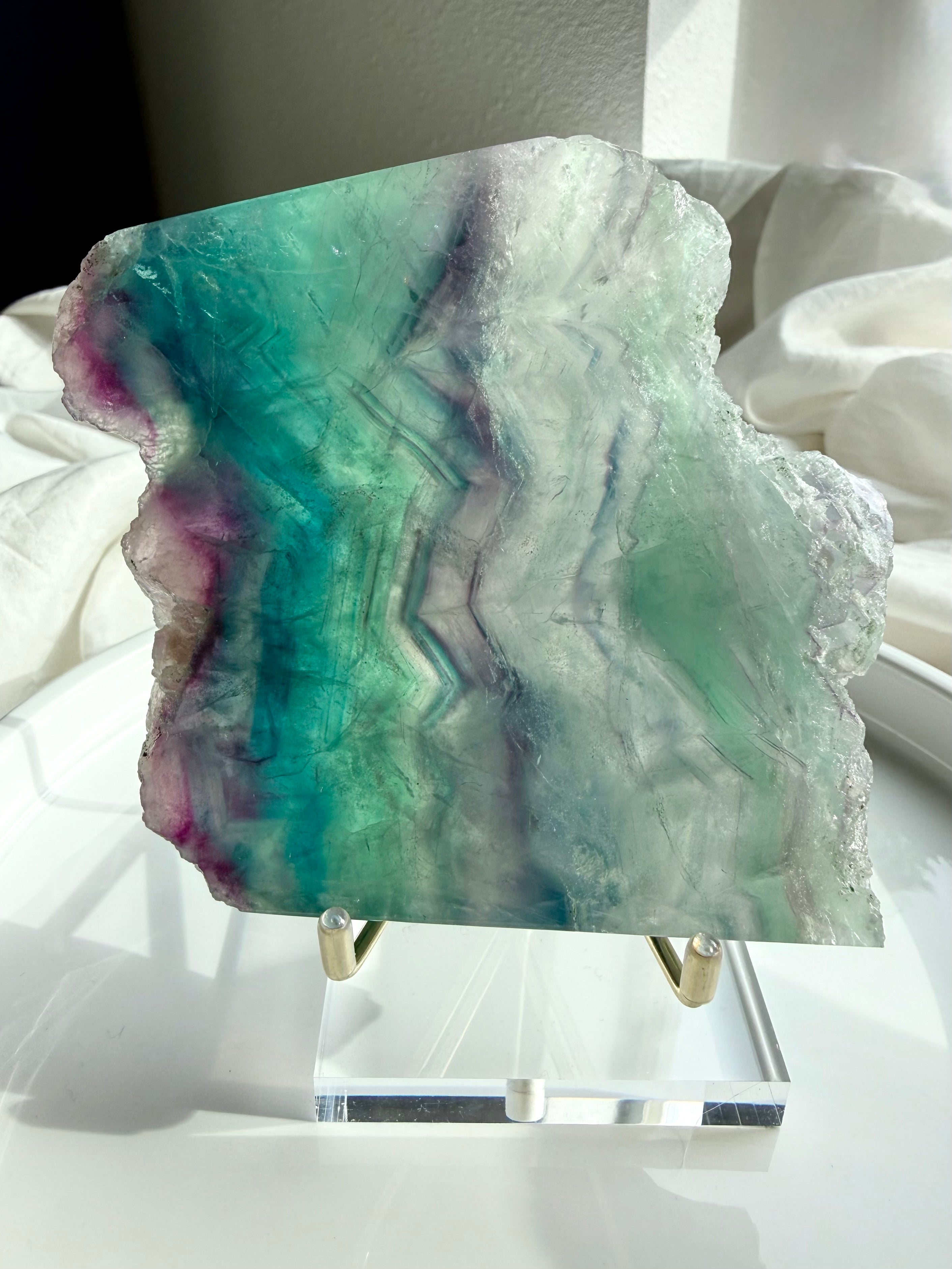 Statement fluorite slab crystal with luminous rainbow banding for clarity, intuition, and calm energy