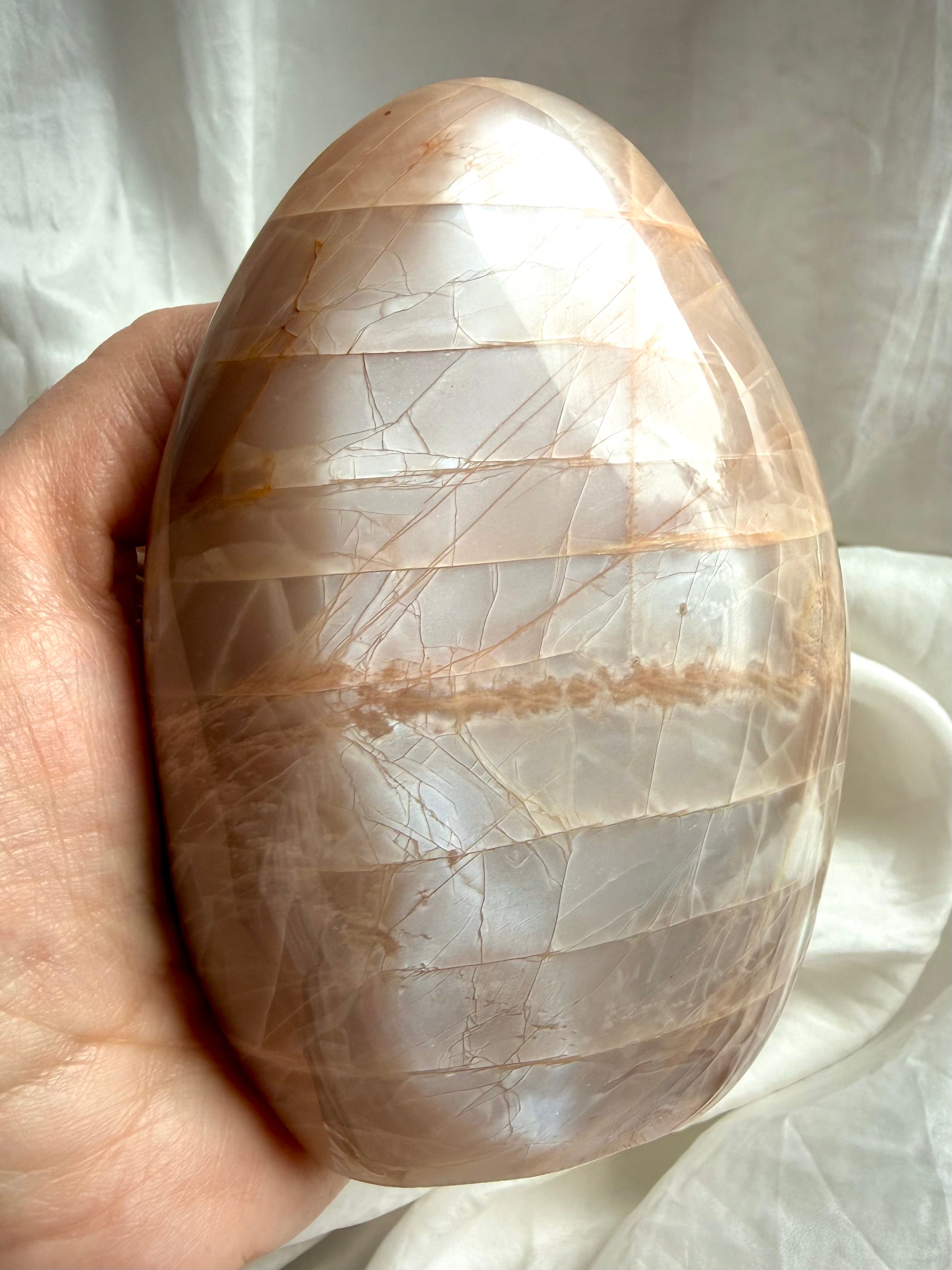 Tall Peach Moonstone freeform carving with subtle shimmer and grounding feminine energy