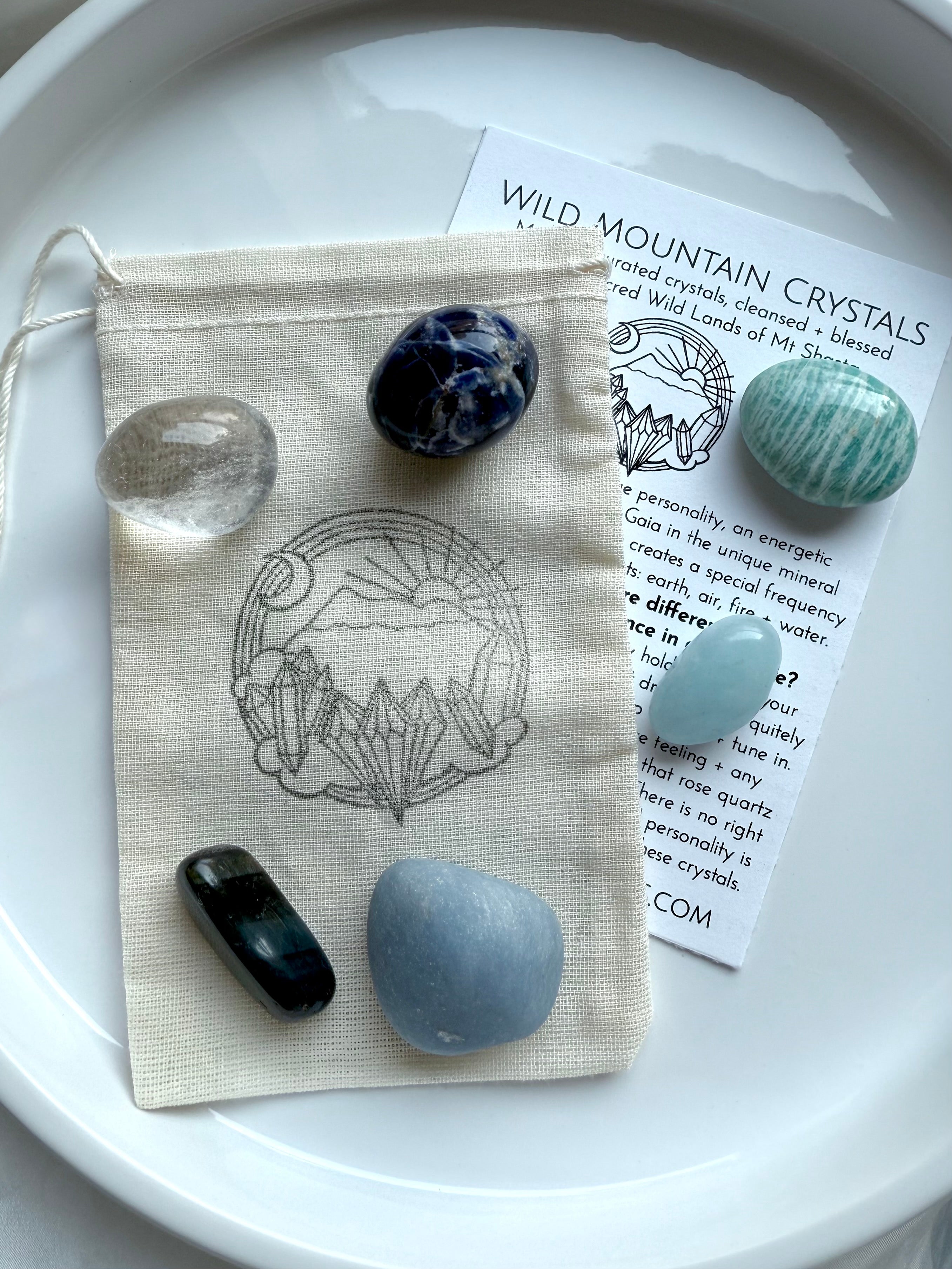 Throat chakra crystals with cotton pouch and info card — Angelite, Sodalite, Amazonite, Aquamarine, Blue Tiger’s Eye, Clear Quartz