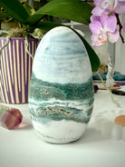 Rare blue + teal scenic Ocean Jasper Freeform with orbicular orbs + druzy reminiscent of stormy seas