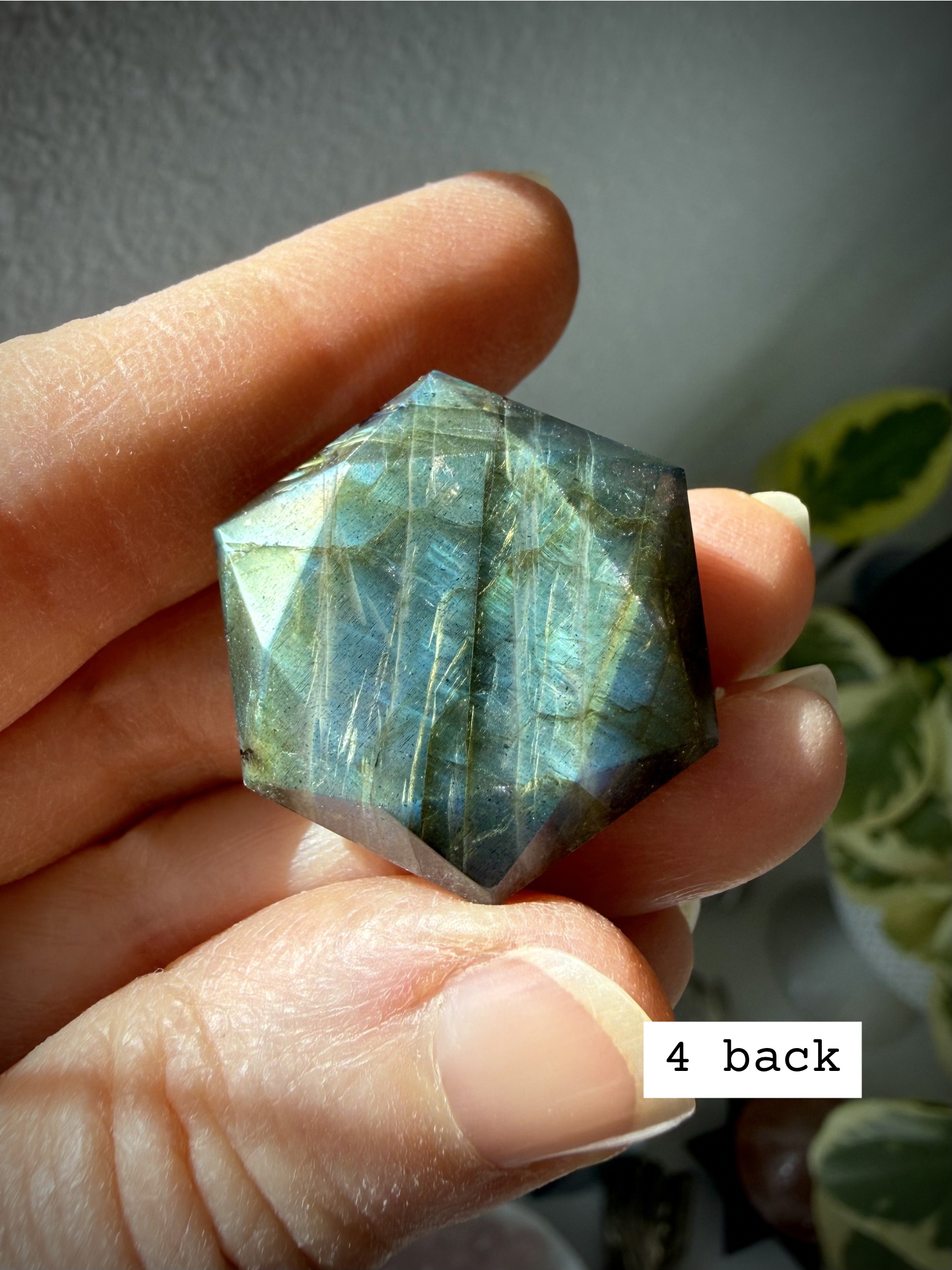 Faceted Labradorite hexagon crystal – sacred geometry hexagon for intuition, luminous green and blue flash, back view