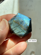 faceted labradorite merkaba hexagon carving with blue flash and polished sacred geometry design front view number 14