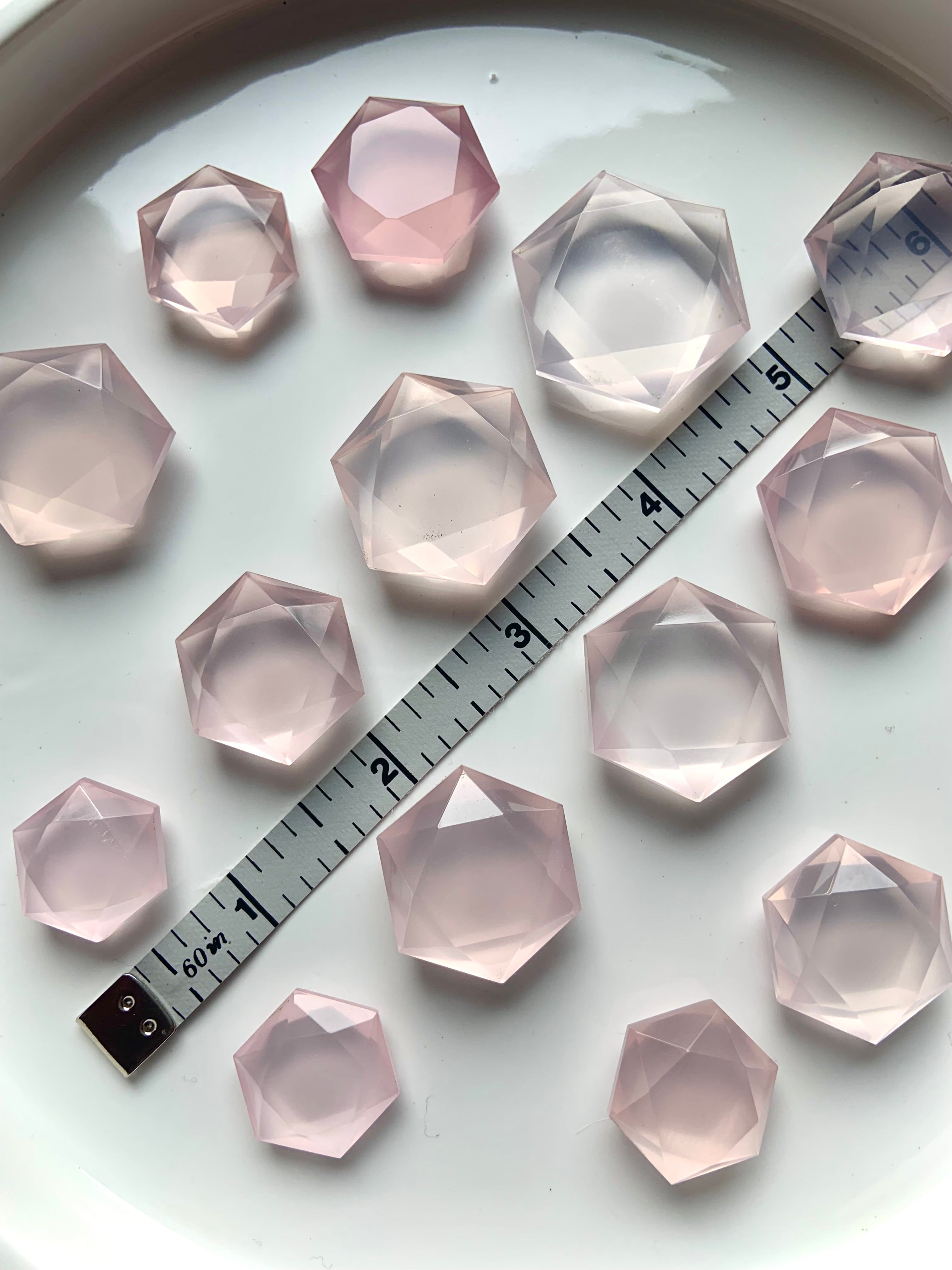 Faceted Rose Quartz hexagon crystals in mixed sizes with measuring tape, translucent pink sacred geometry gems for healing