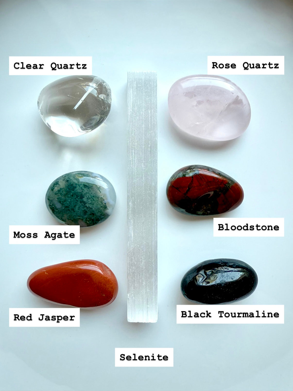 Get Well Crystal Set labeled with stone names: Selenite, Bloodstone, Rose Quartz, and more