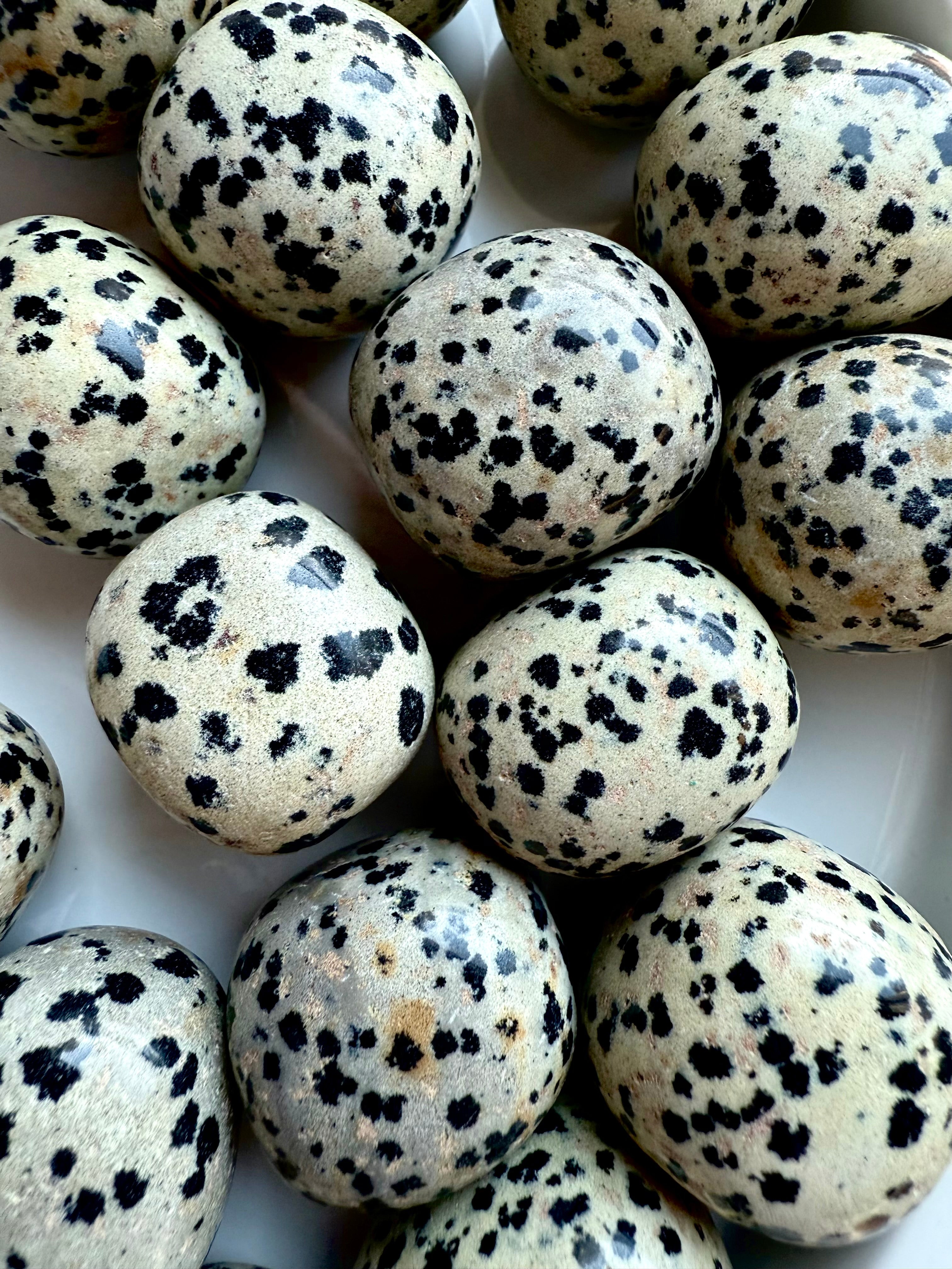 Cluster of Dalmatian Jasper tumbles, creamy beige stones with bold black spots and peachy inclusions, Root Chakra crystals