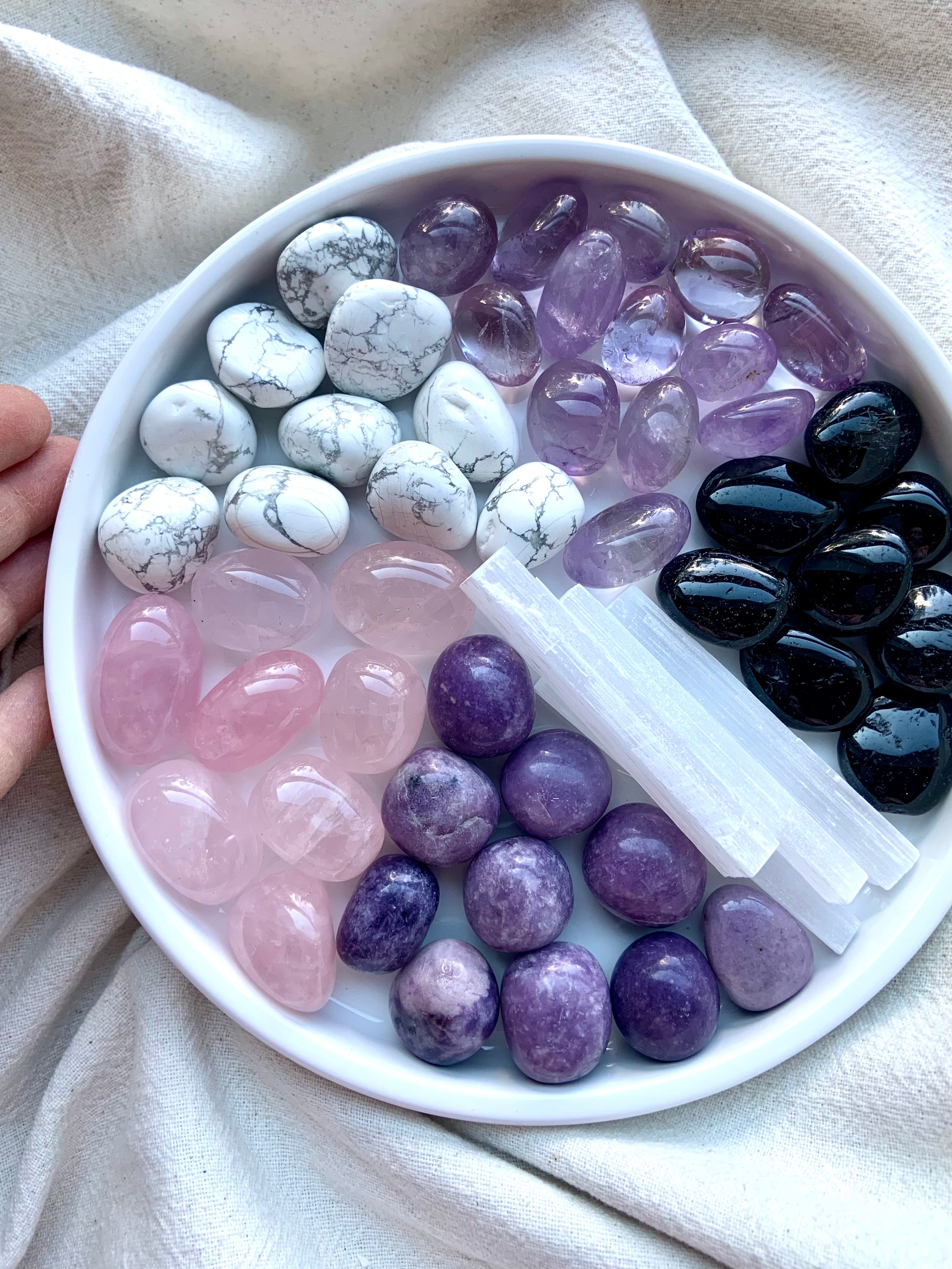 Sleep Crystal Set includes lepidolite, amethyst, rose quartz, howlite, black obsidian + selenite.
