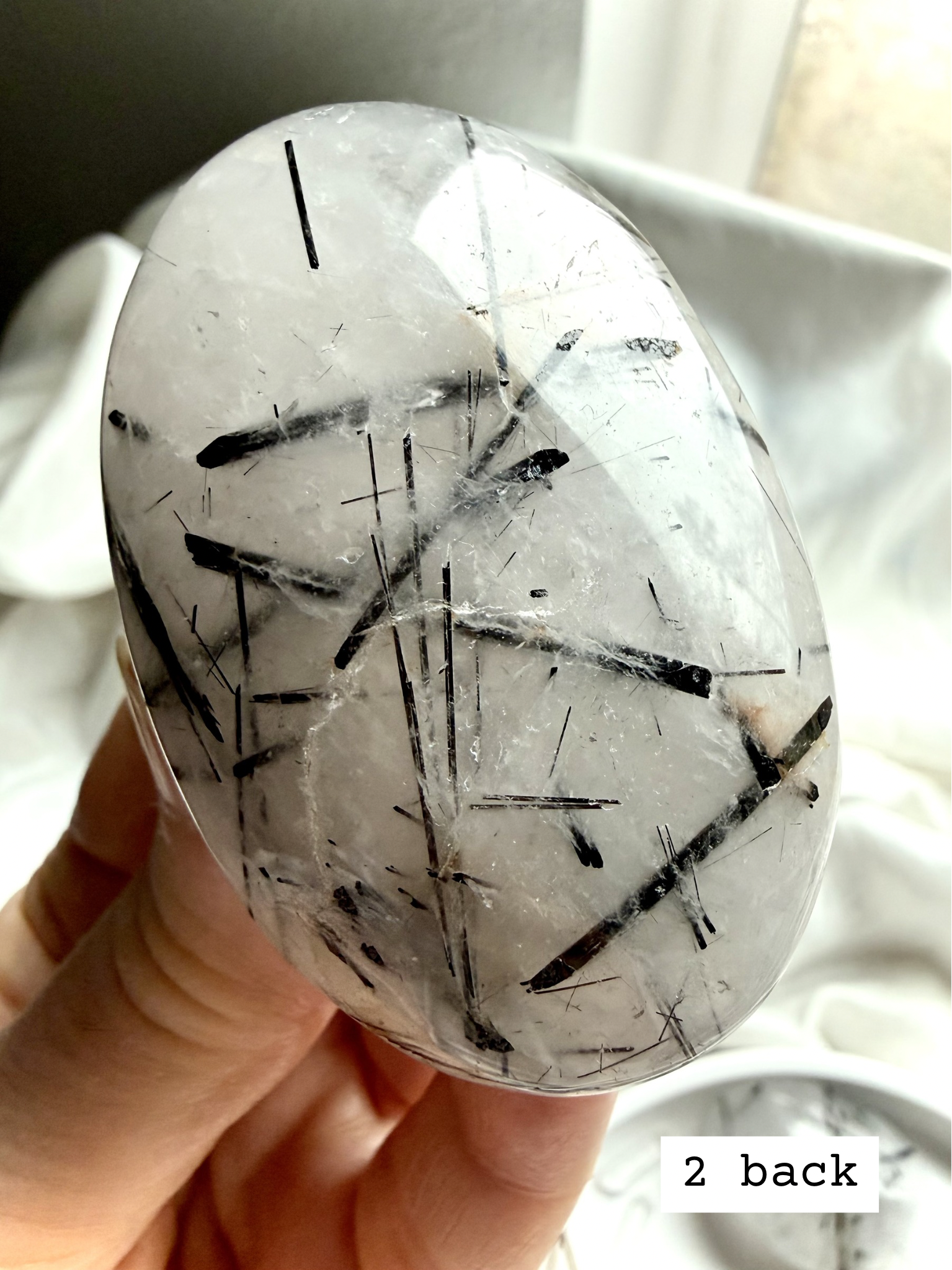 Black Tourmaline in Quartz palm stone 2 back view natural tourmaline quartz pattern