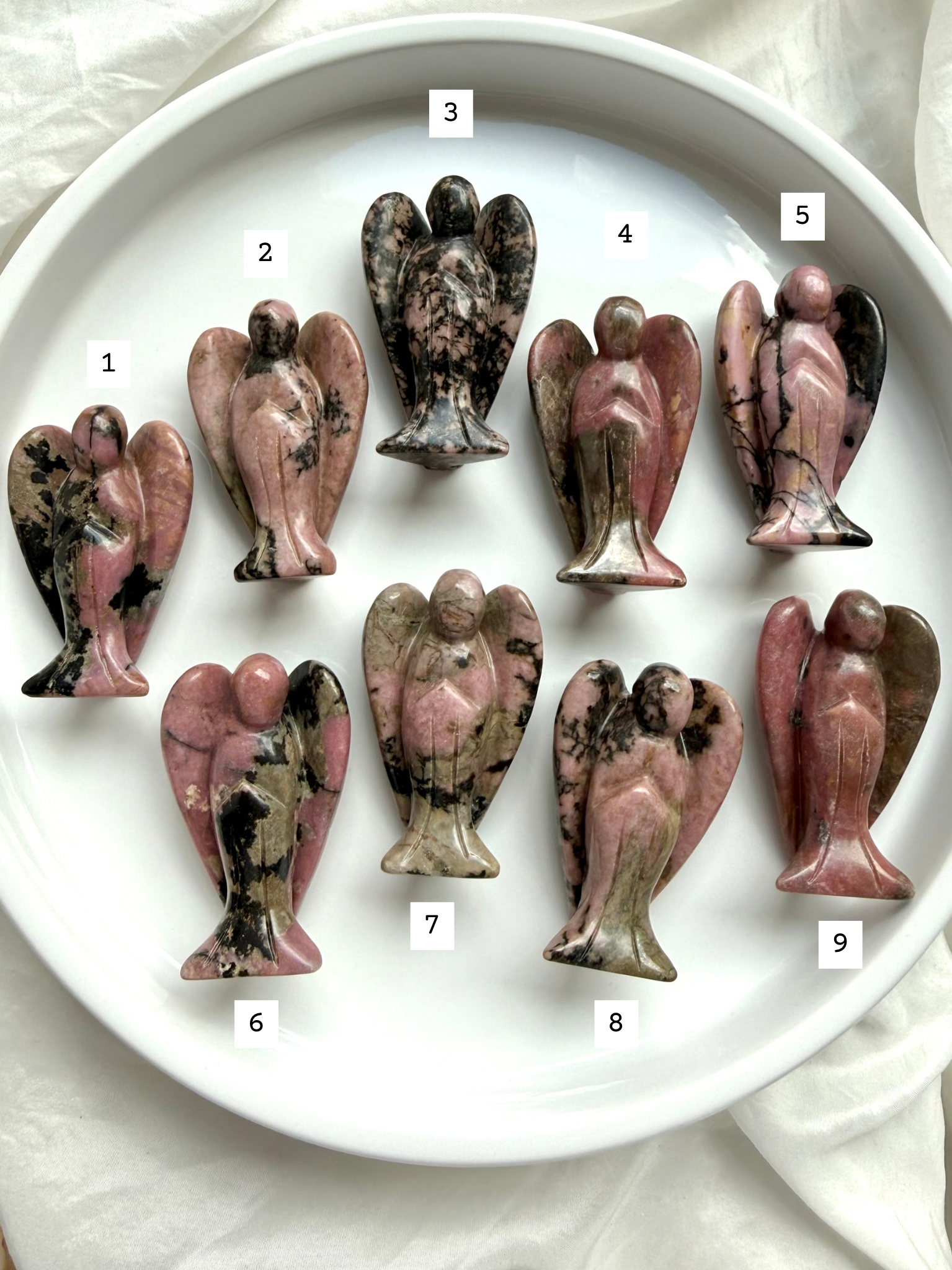 choose your own Rhodonite angel carvings numbered 1–9 showing front view crystal guardian details