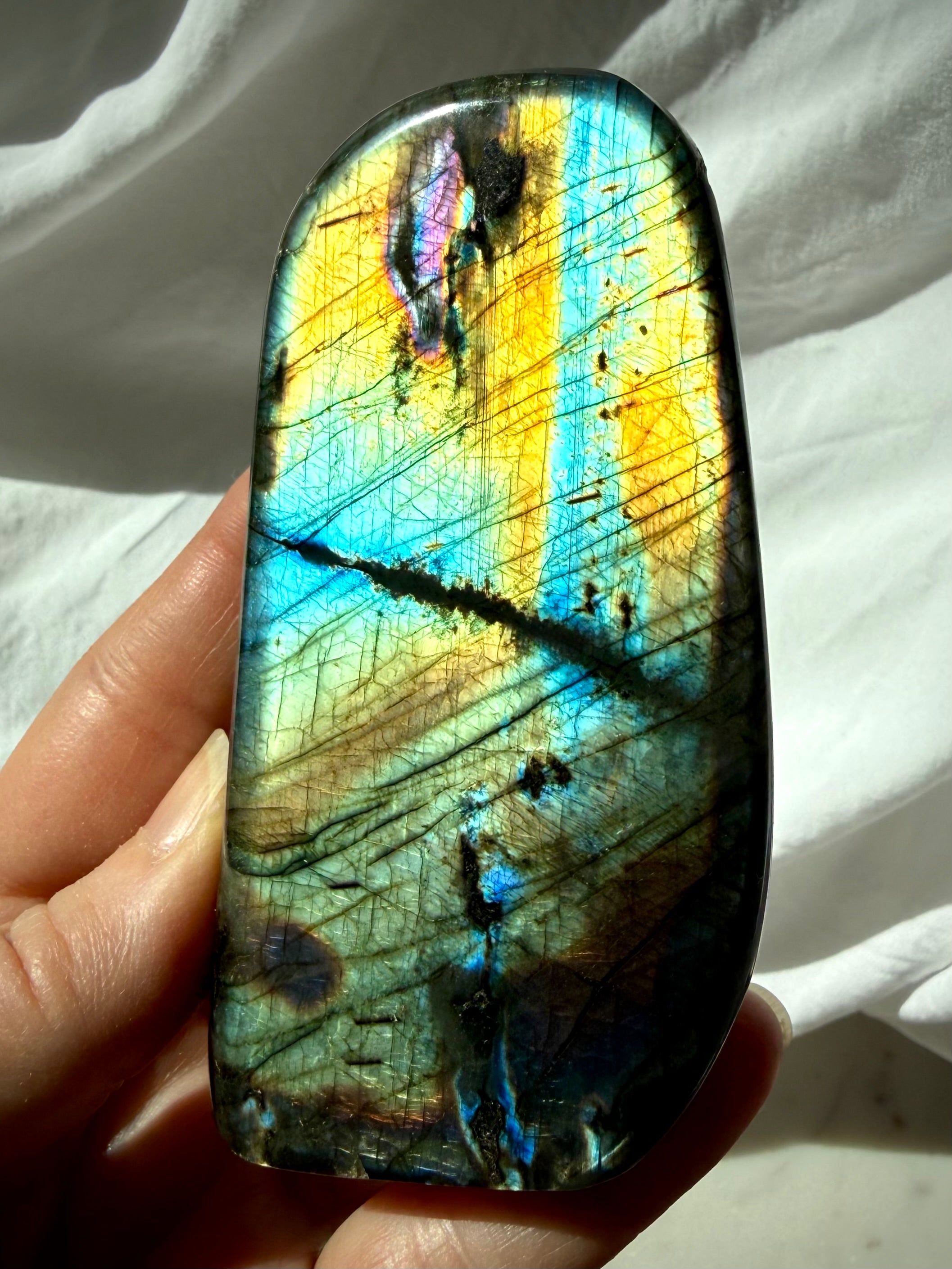 Rainbow Labradorite freeform held in hand with vivid gold, aqua, blue, and green flash across the polished surface
