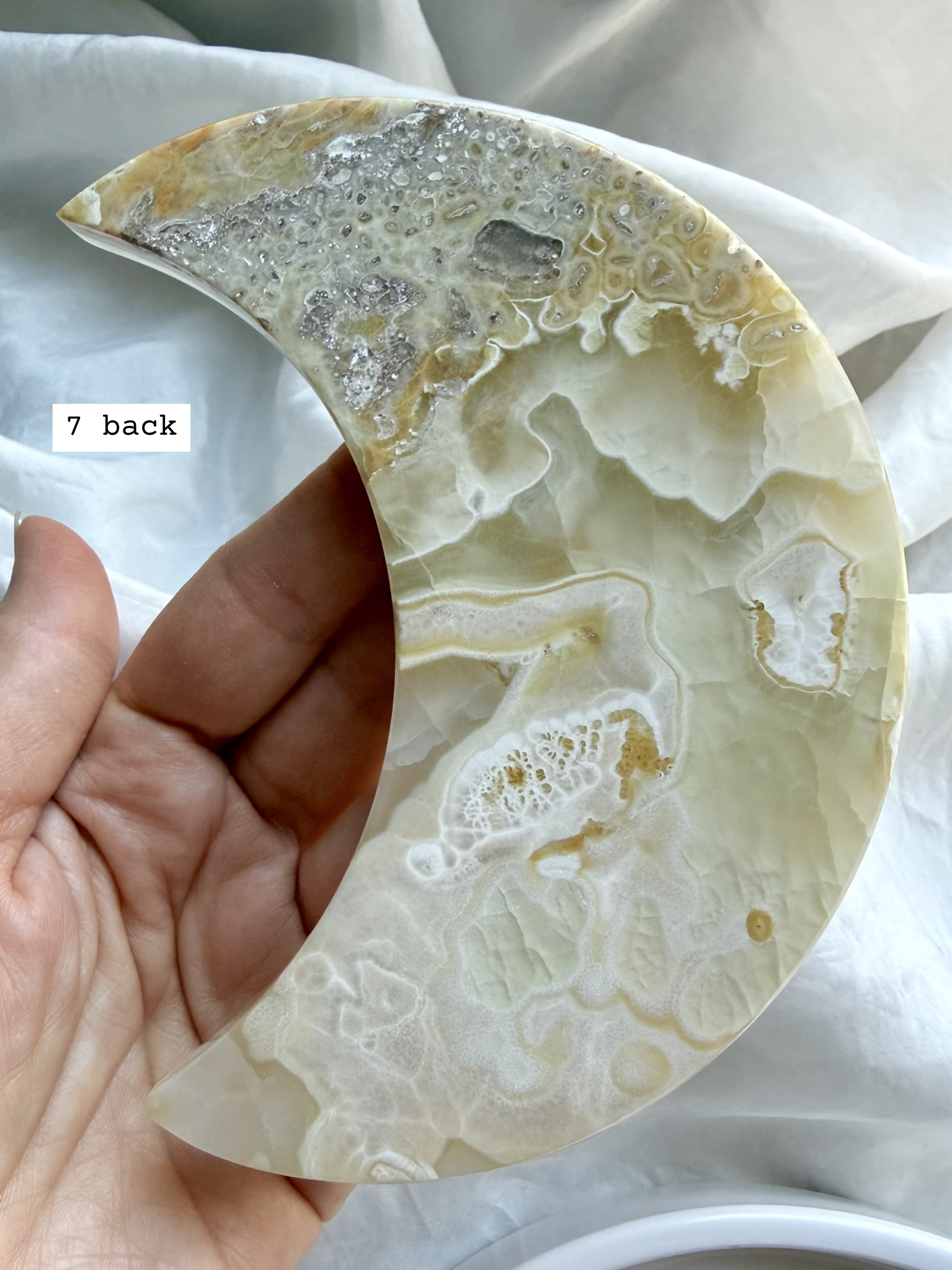 white onyx crescent moon plate # 7 back natural Mexican onyx with striking banding, druzy texture, and organic pattern