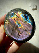 Purple Rainbow Labradorite palm stone with vivid violet, aqua, electric blue and golden flash, crystal for intuition and protection