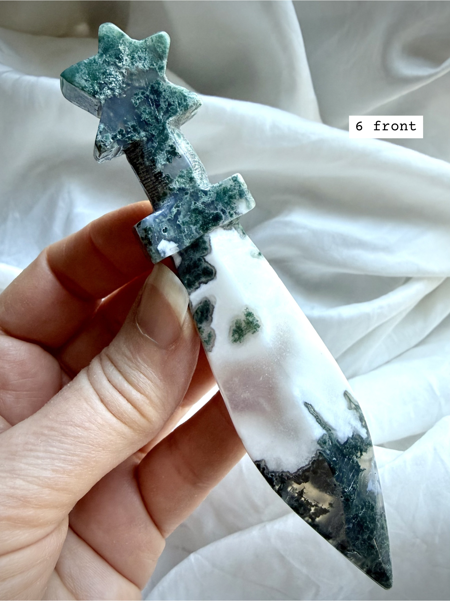 Moss Agate ritual knife crystal with forest green inclusions and celestial star shaped handle