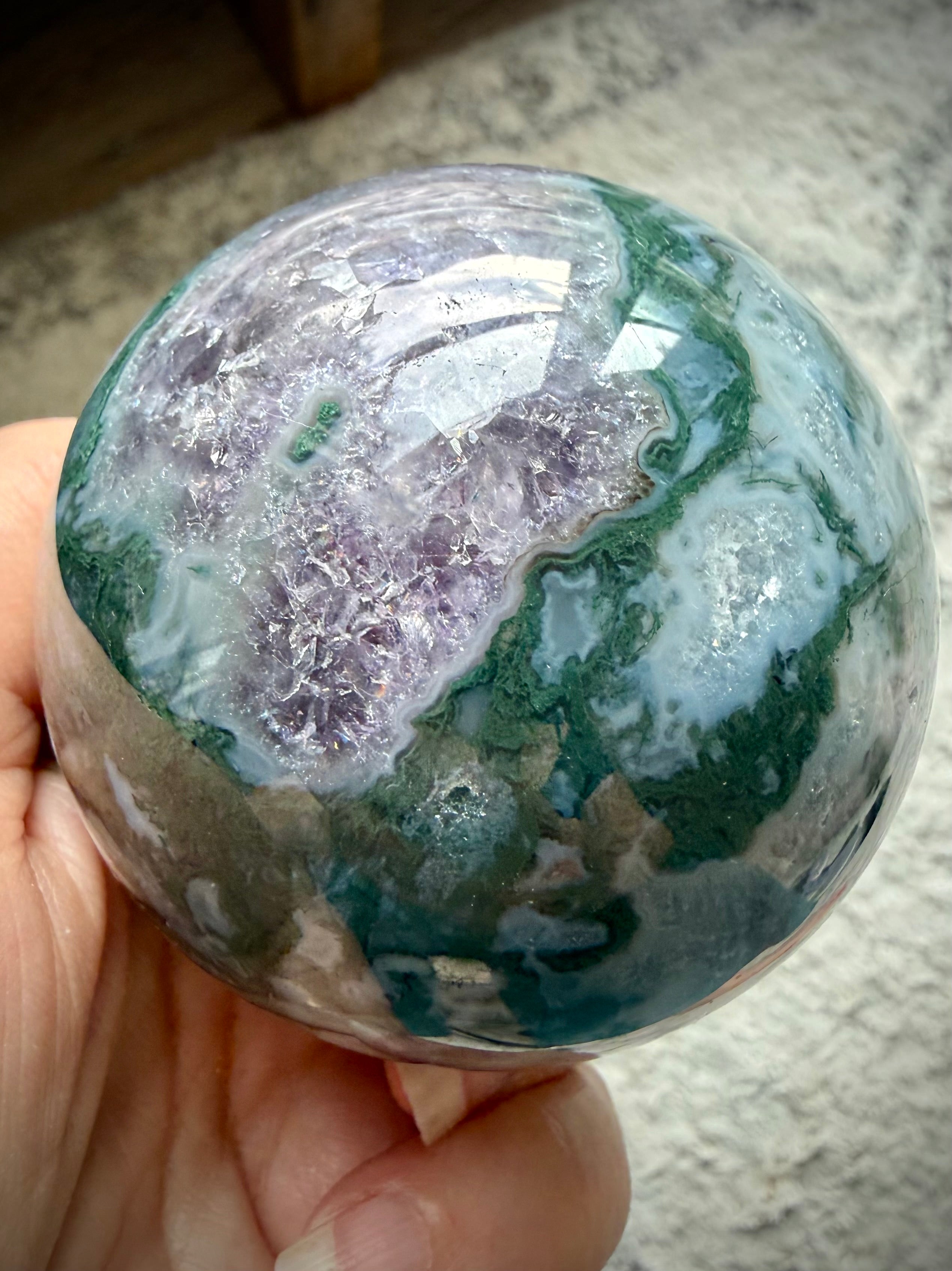 Moss Agate crystal ball with stand featuring Amethyst inclusions and one of a kind mineral details