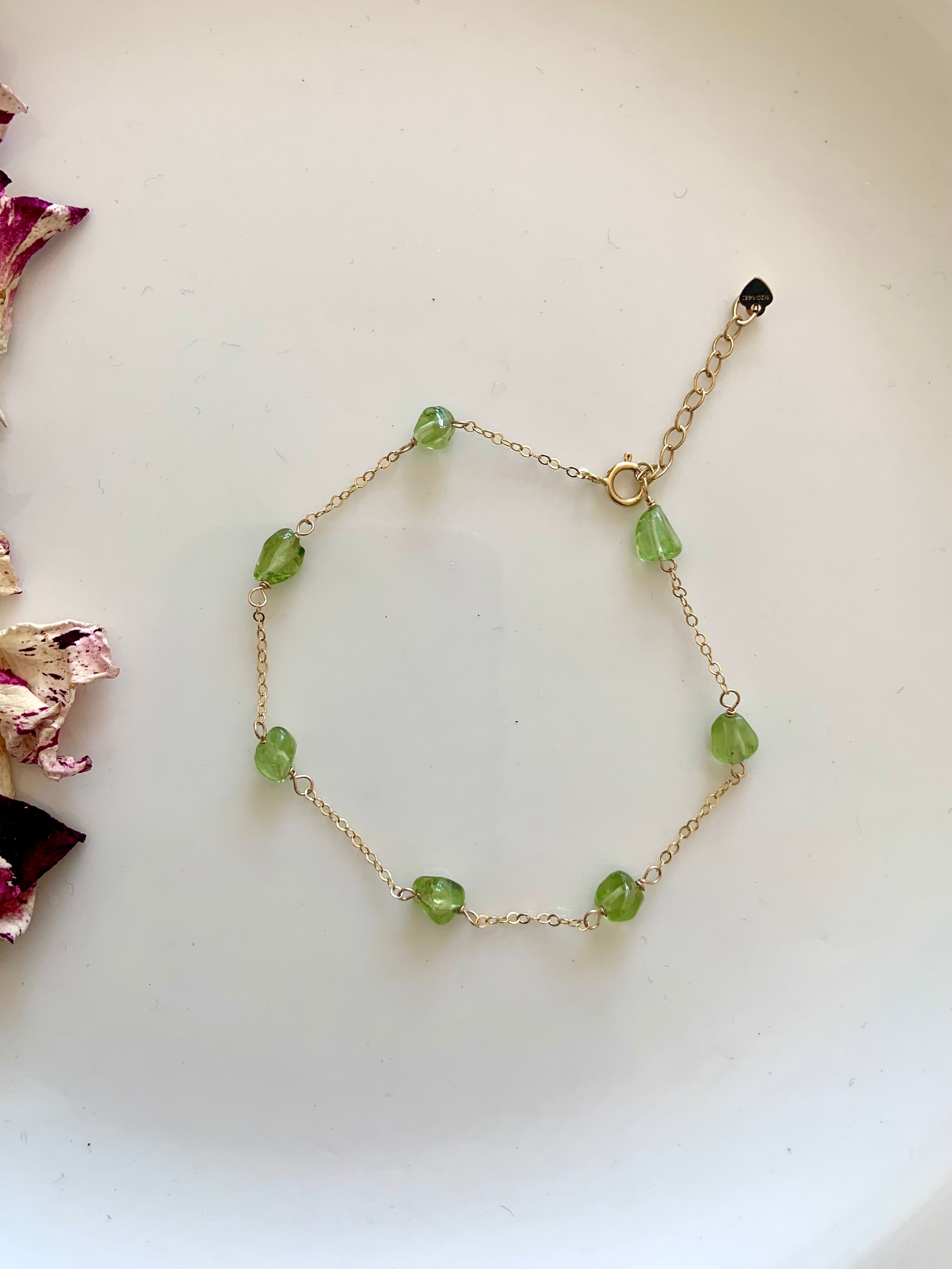 Dainty gold filled Peridot gemstone bracelet with wrist size extender, also available in sterling silver 