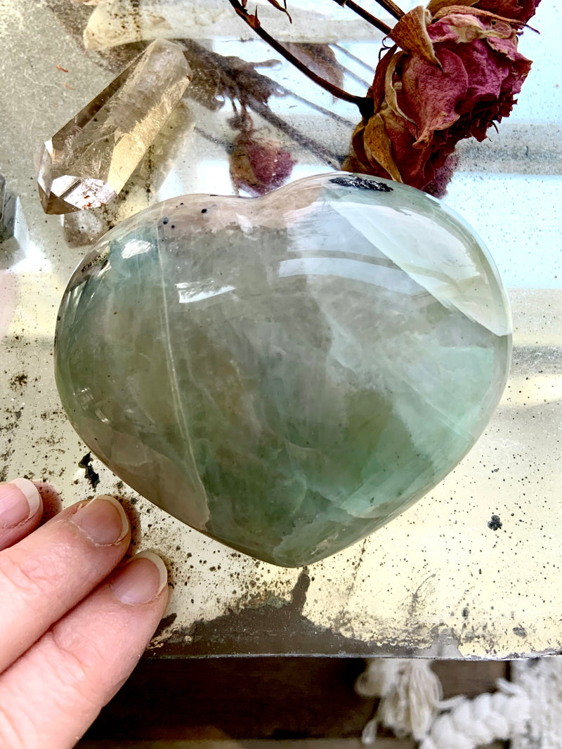 Green Moonstone is a Heart Chakra stone. A crystal heart is an emblem of love + make a sweet gift