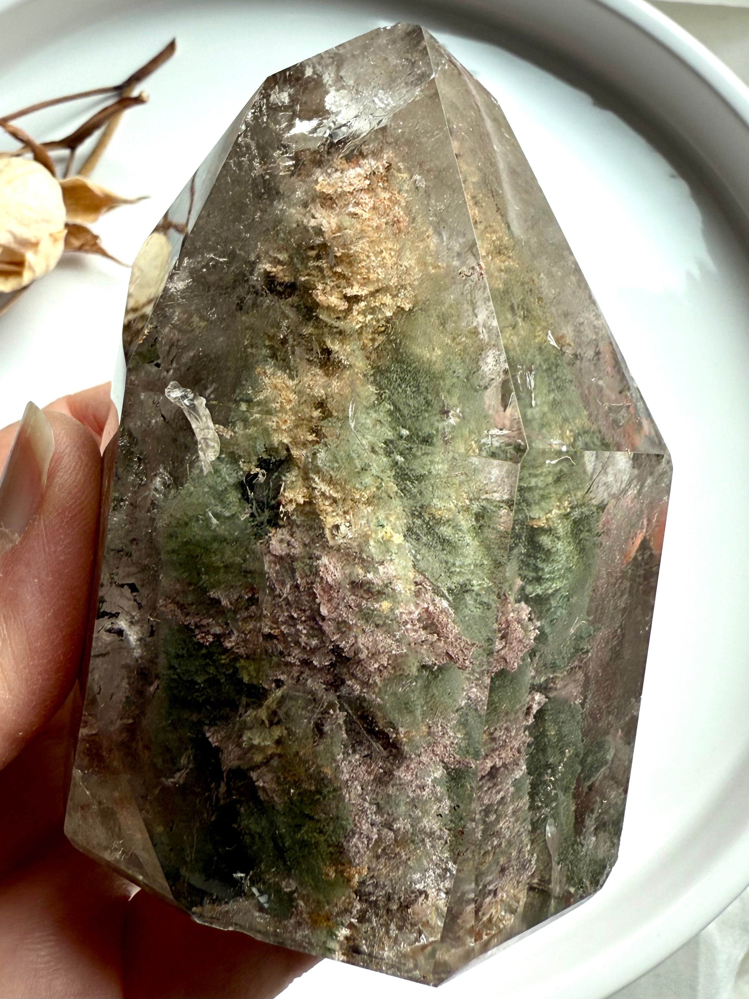 Polished Thousand Layer Garden Quartz tower with internal phantom layers and earthy green inclusions