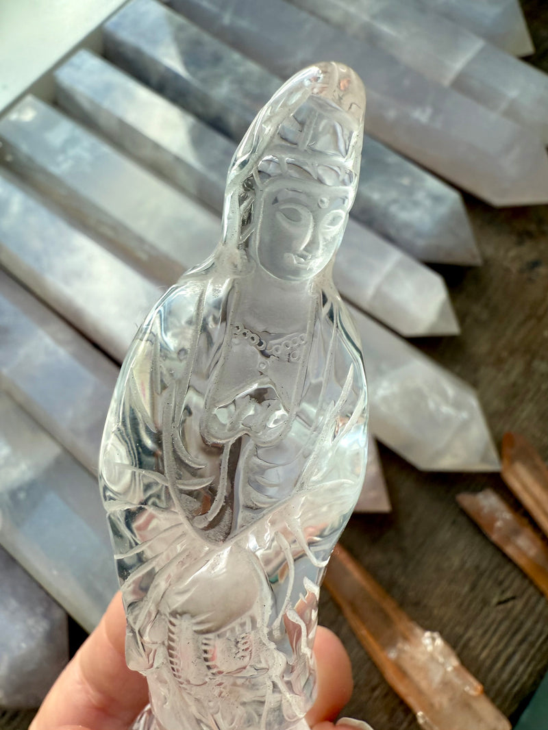 Quan Yin is the Goddess of Compassion made from Clear quartz, the master healer of the crystal world