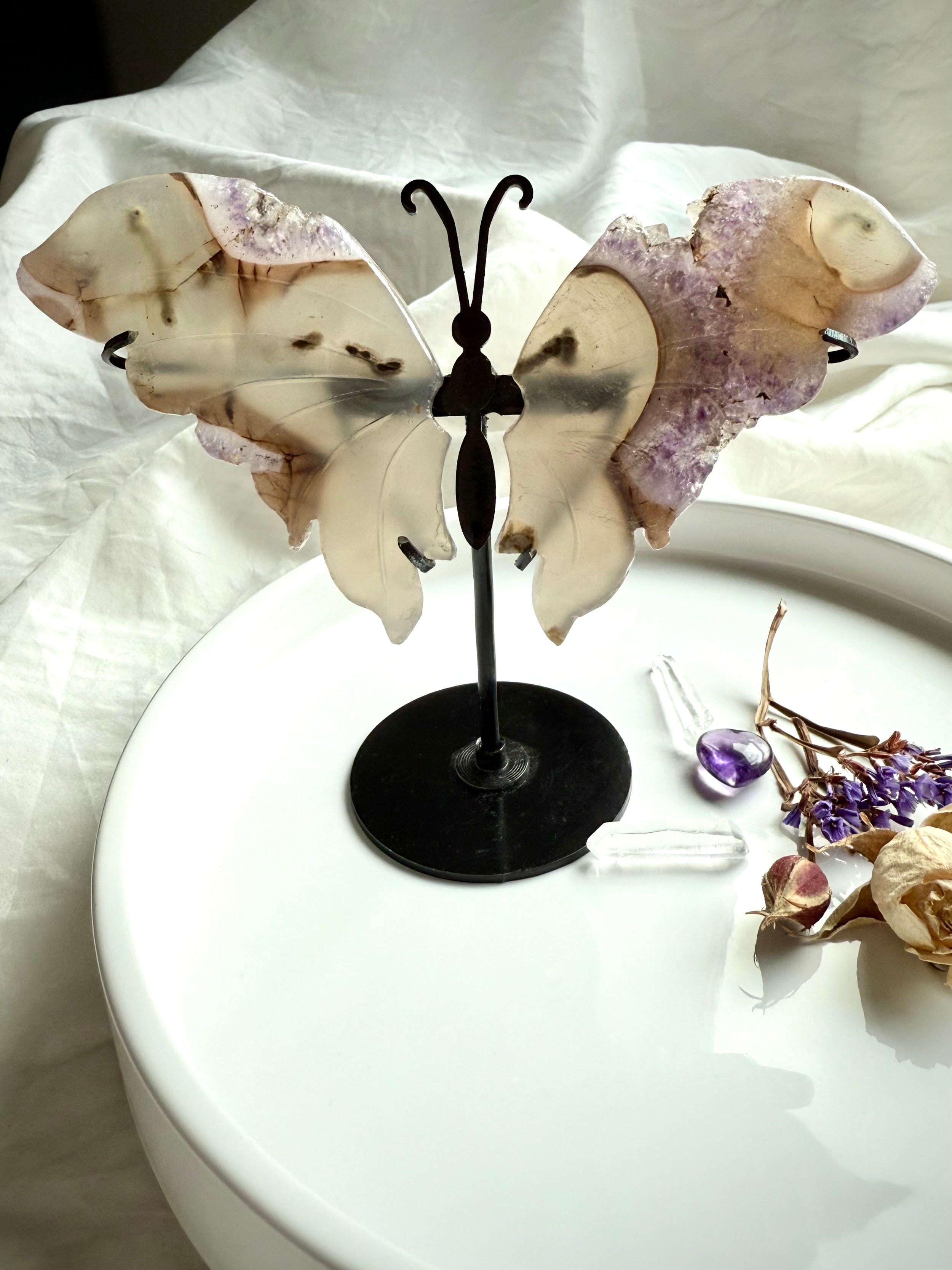 Amethyst druzy and agate butterfly wings displayed on metal stand, shimmering lavender crystals and earthy agate banding for altar décor and spiritual transformation.