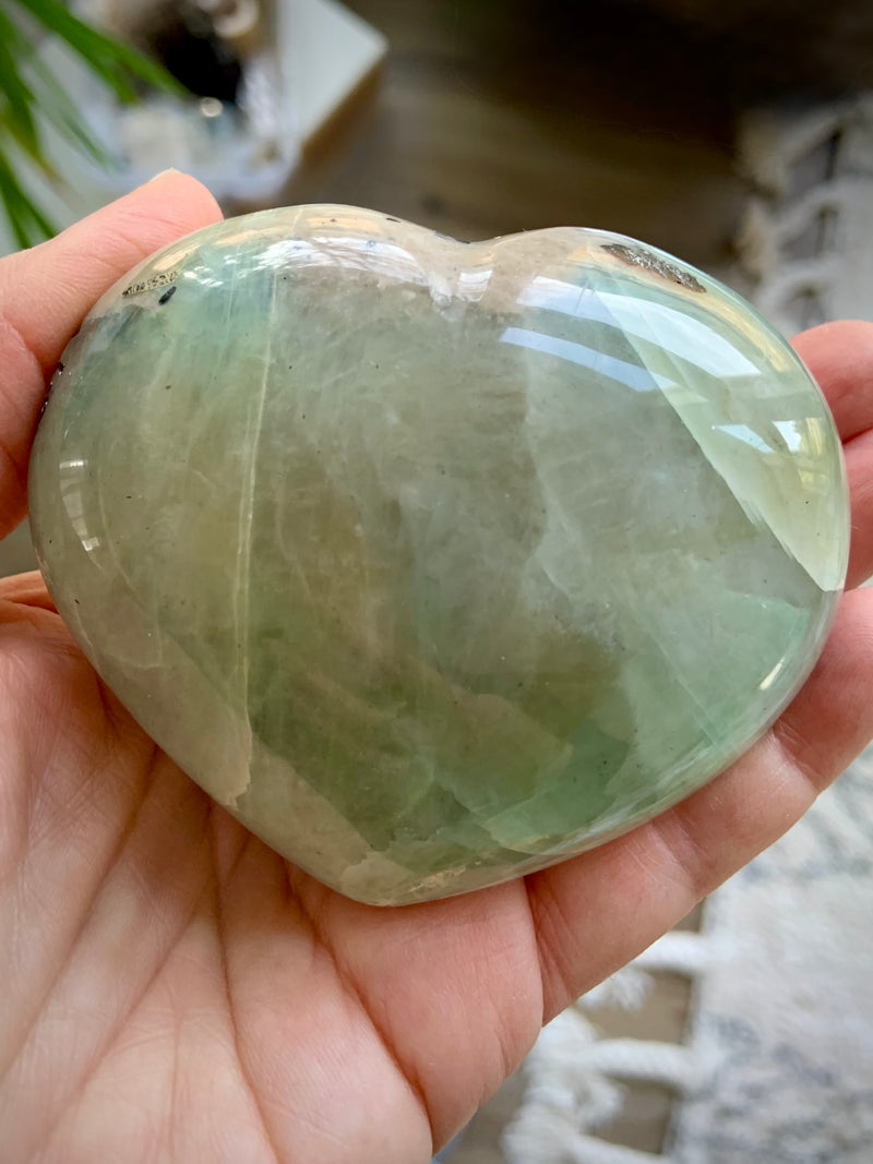 This Green Moonstone Heart has a soft green coloring + nice rounded shape for a meditation crystal.