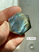 Faceted Labradorite hexagon crystal – Star of David sacred geometry for Third Eye Chakra, blue/green/gold flash, front view