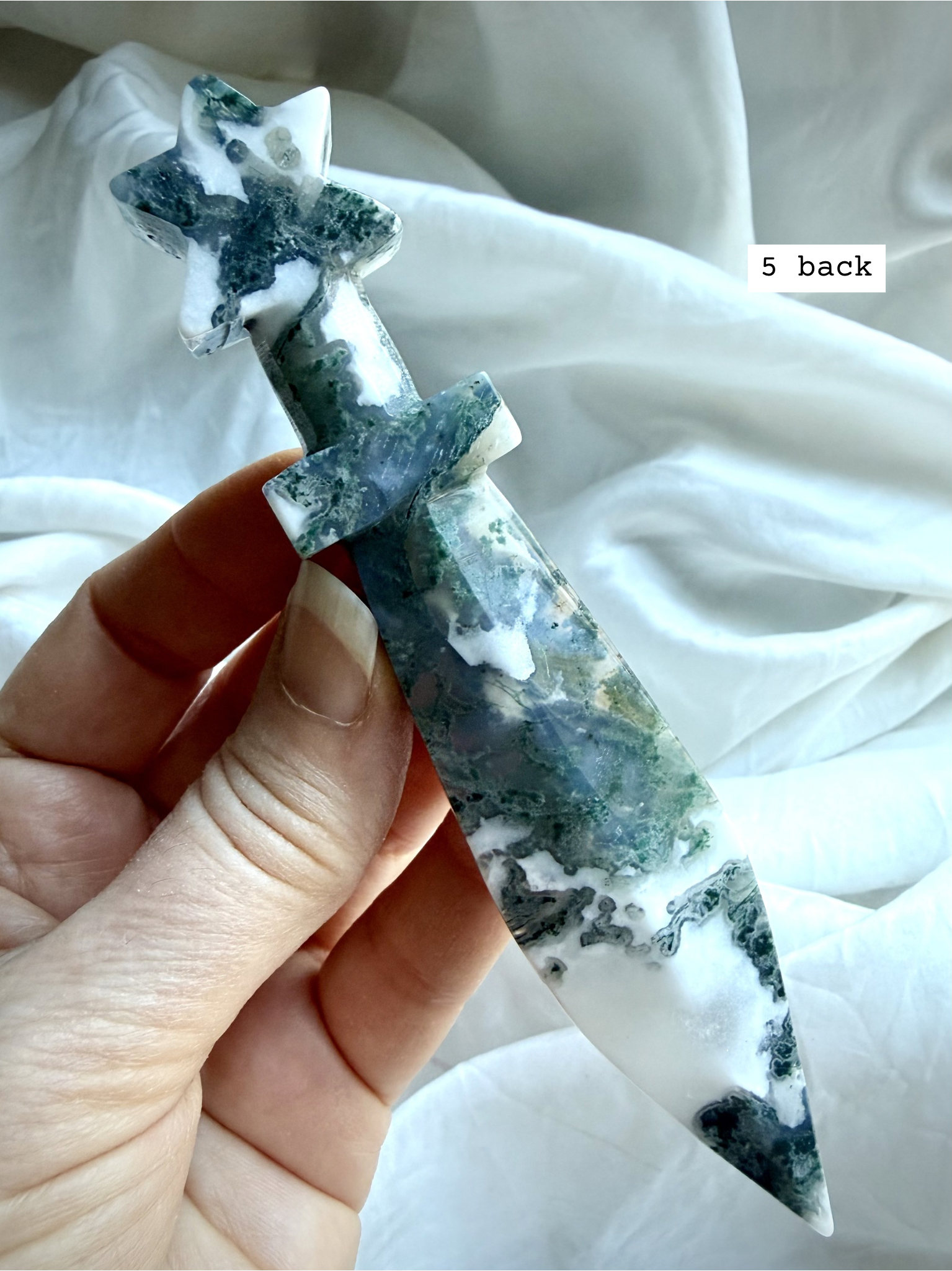 Back view of Moss Agate crystal athame carving with earthy green and white natural formations