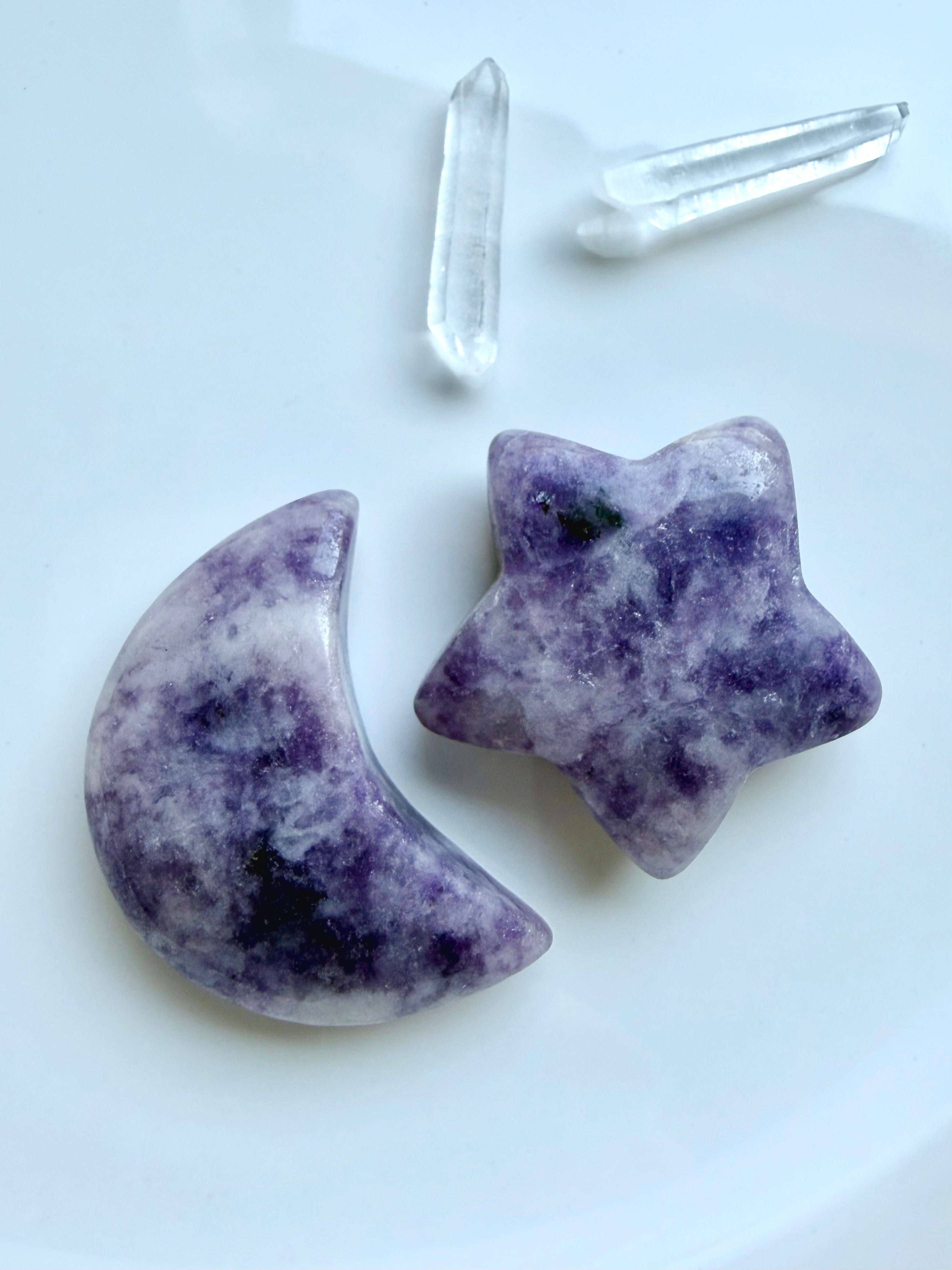 Polished Lepidolite crescent moon and star crystals with natural lavender and purple mineral patterning