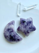 Polished Lepidolite crescent moon and star crystals with natural lavender and purple mineral patterning