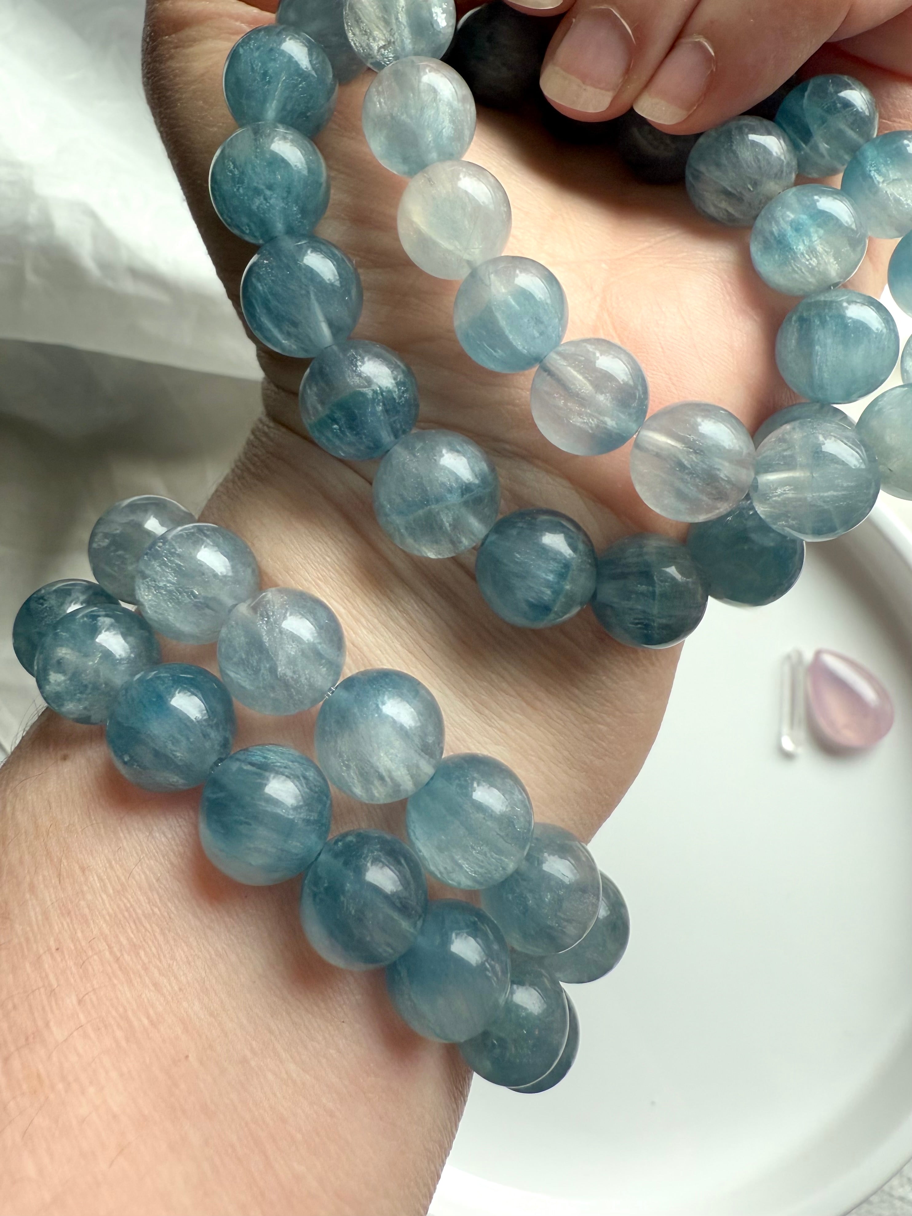 Rare, high quality Ice Blue Fluorite Bracelets with ethereal translucence + silky shimmer